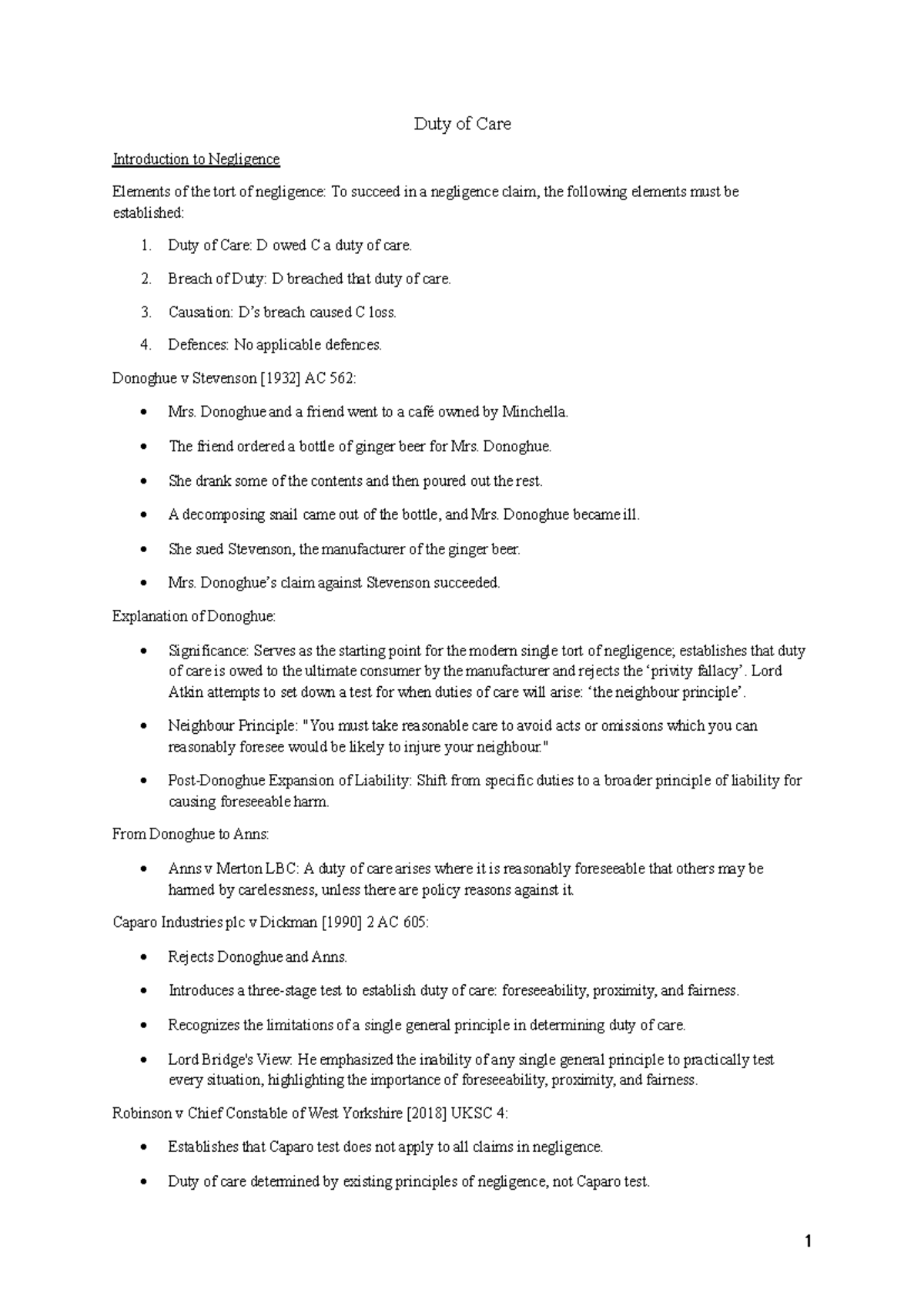 Tort Revision - notes - Duty of Care Introduction to Negligence ...