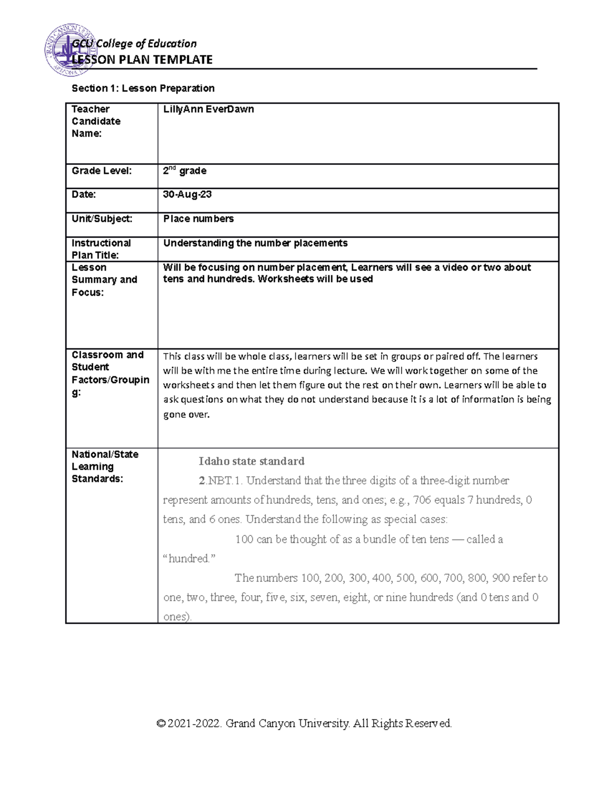 Math lesson plan wk 2 - LESSON PLAN TEMPLATE Section 1: Lesson ...