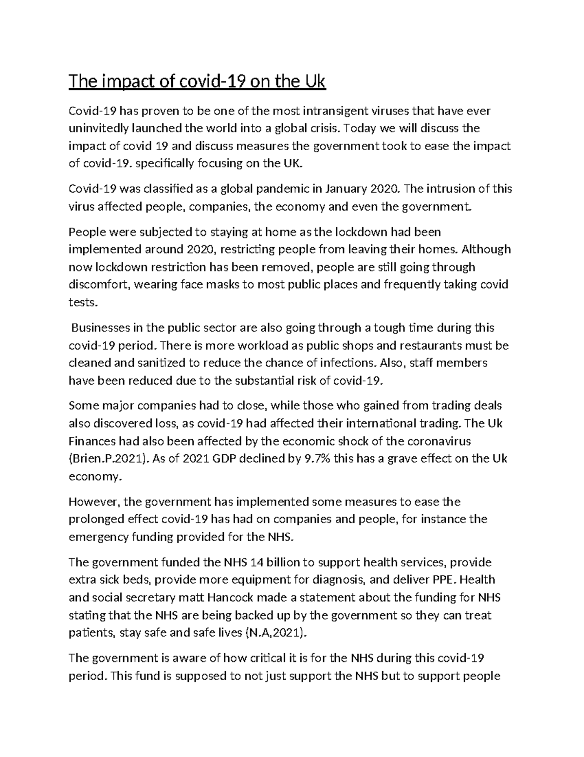 Economics assignment 155 - The impact of covid-19 on the Uk Covid-19 ...