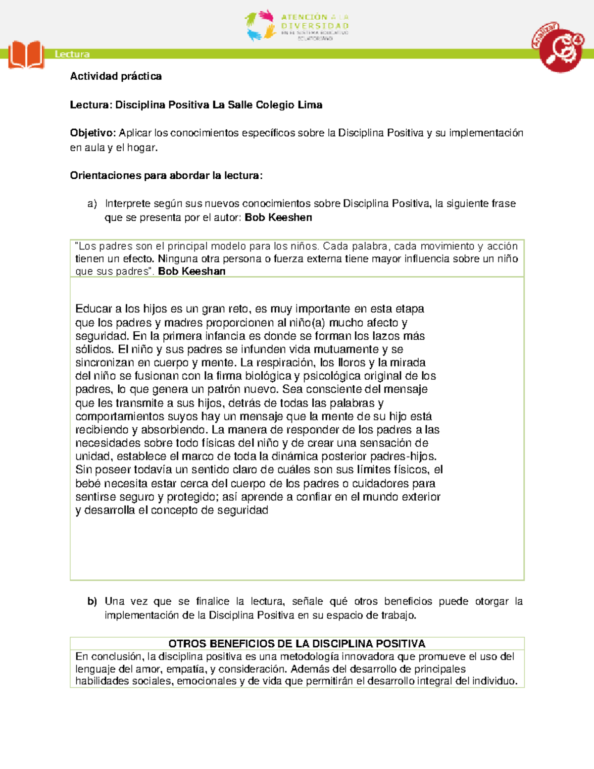 Taller, mòdulo 3 unidad 1 - Actividad práctica Lectura: Disciplina ...