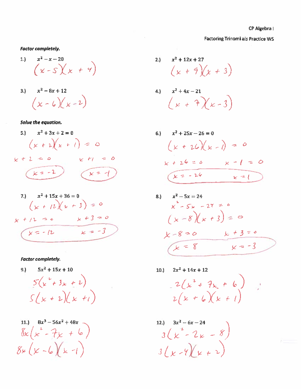 Factoring Trinomials Practice WS 2022 answer key - Studocu