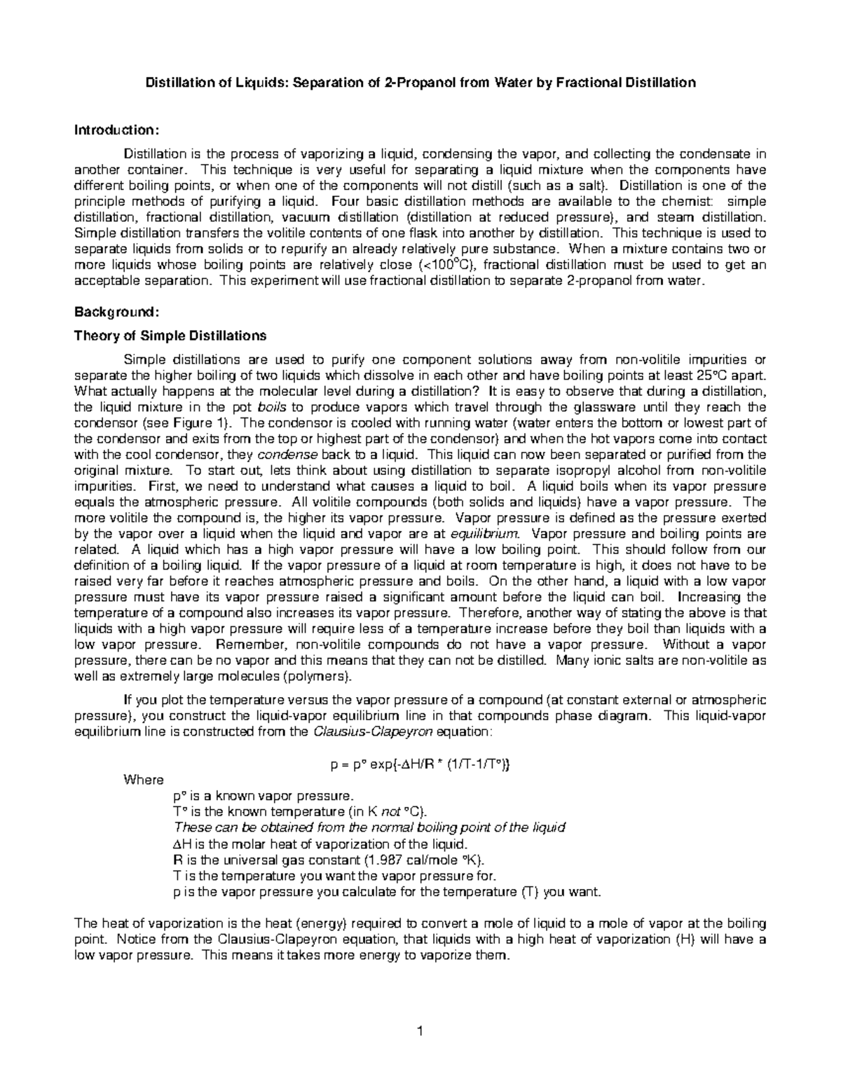 1 distillation - lab report - Distillation of Liquids: Separation of 2 ...