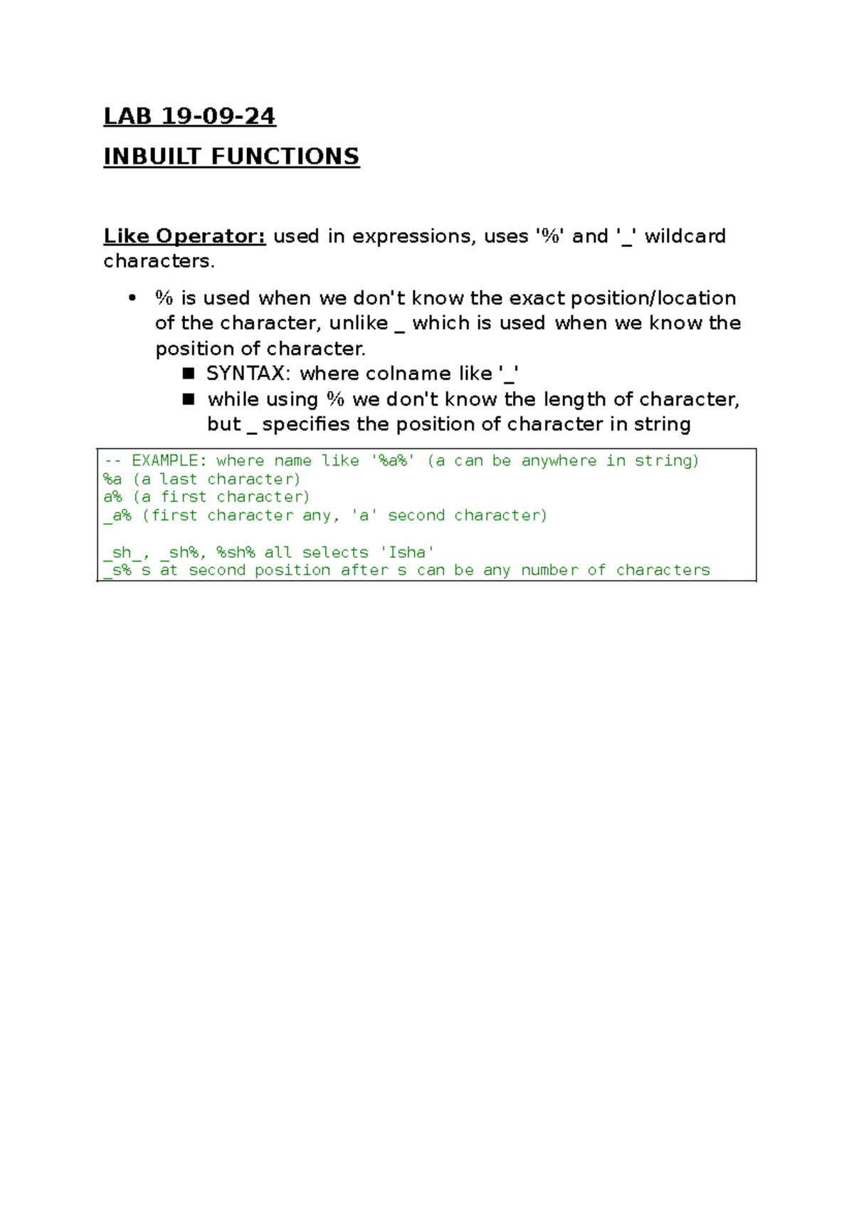 19-09-24 LAB Notes - LAB 19-09- INBUILT FUNCTIONS Like Operator: used ...