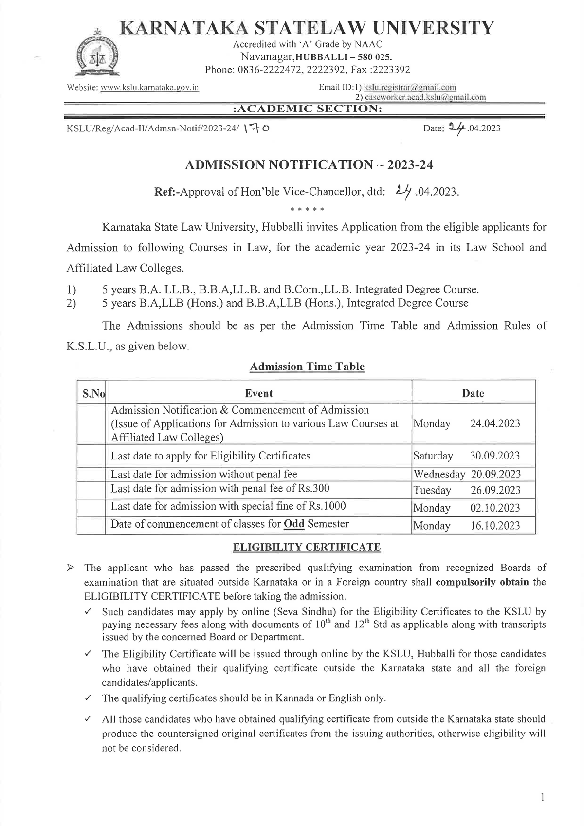 Admission Notification 2023-24 - Llb 3 Years - Studocu