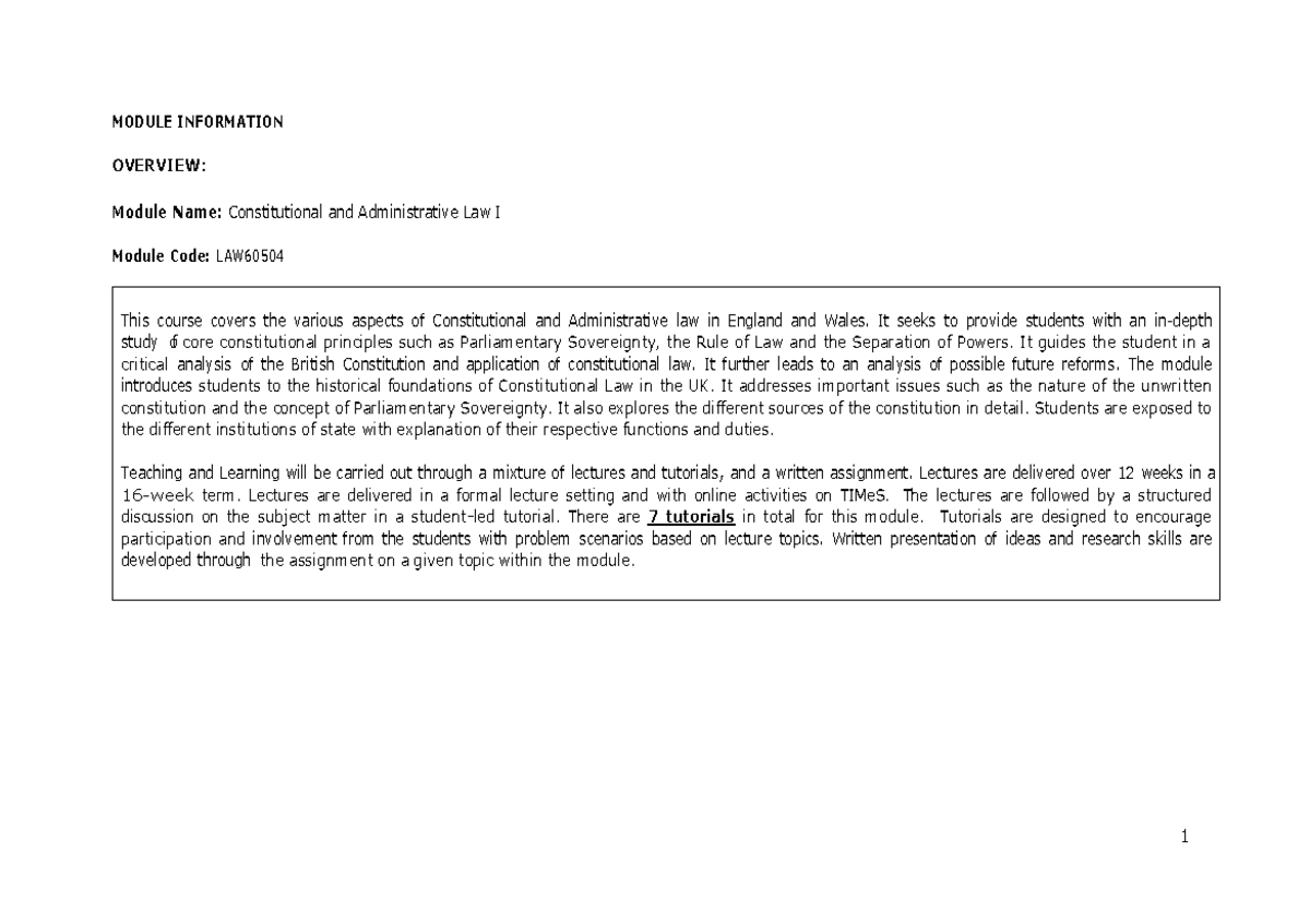 Module Information - Constitutional Law 1 - This course covers the ...