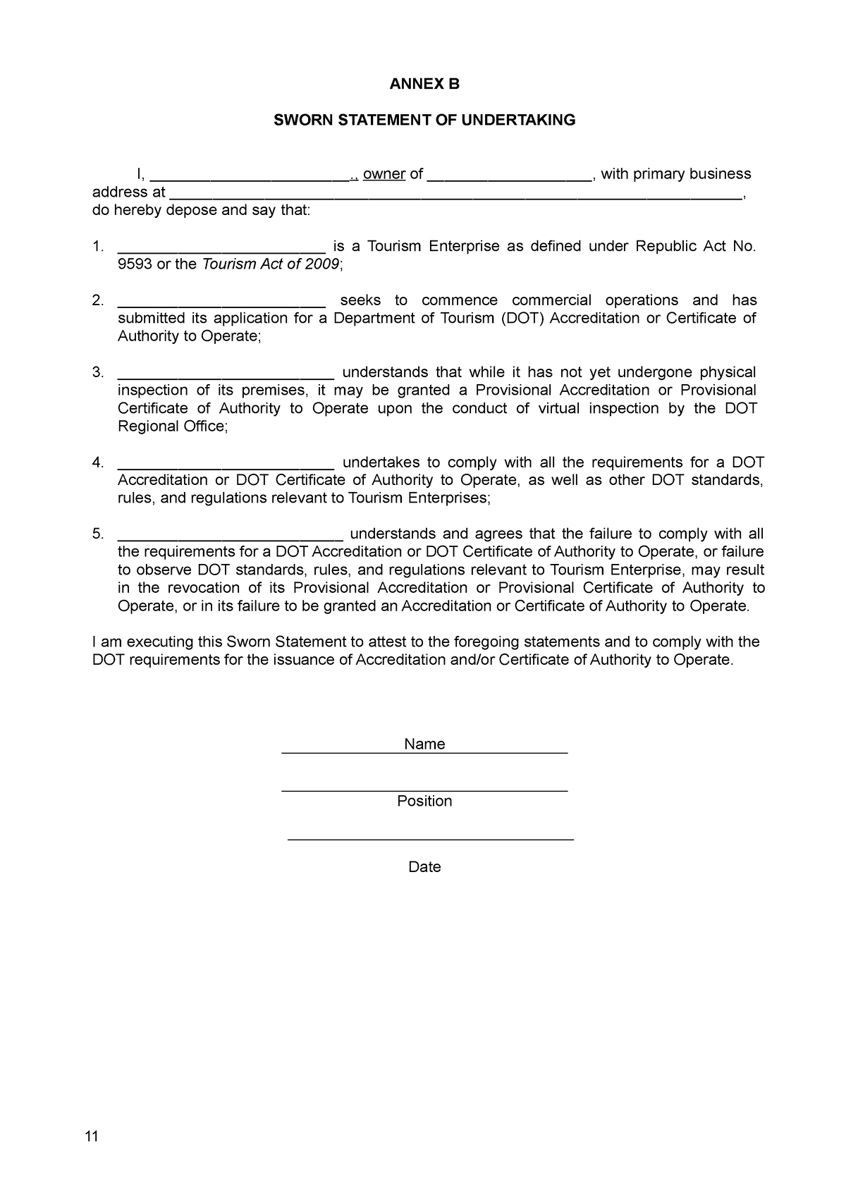 Template Sworn Statement Of Underatking - ANNEX B SWORN STATEMENT OF ...