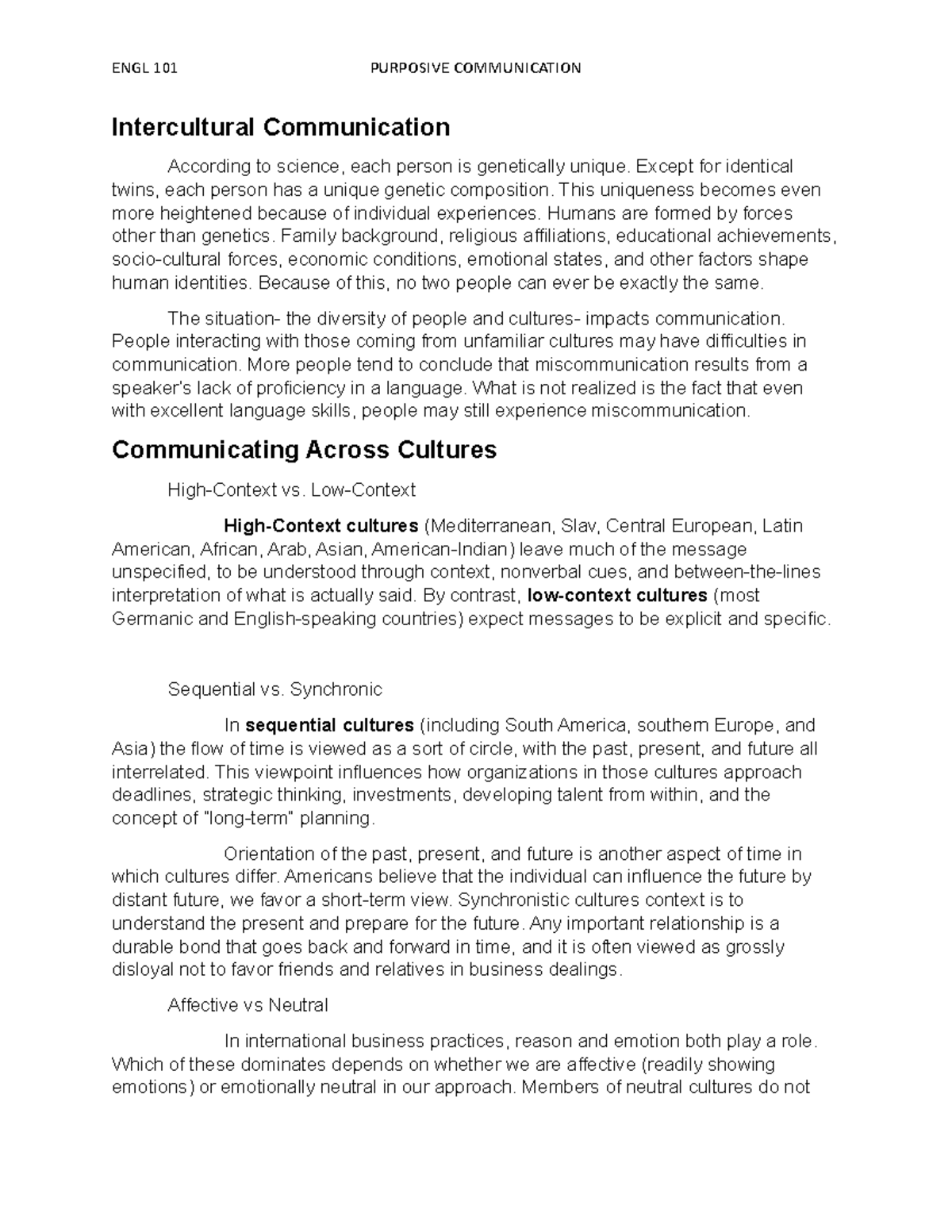 ENGL-101 - SEND NOTES - ENGL 101 PURPOSIVE COMMUNICATION Intercultural ...