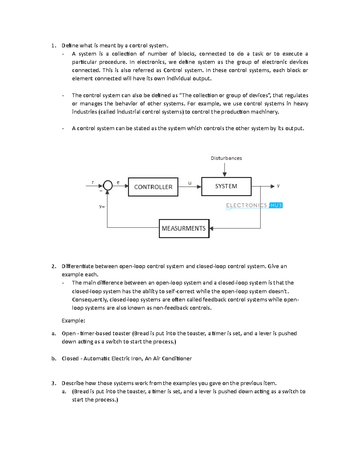 Activity 1 notes - Define what is meant by a control system. A system ...