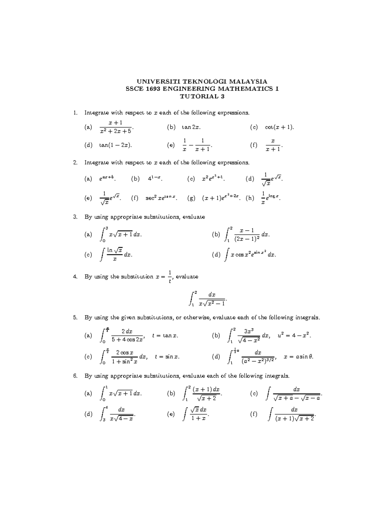 Tutorial 3 SSCE1693 (Engineering Mathematics) - UNIVERSITI TEKNOLOGI ...
