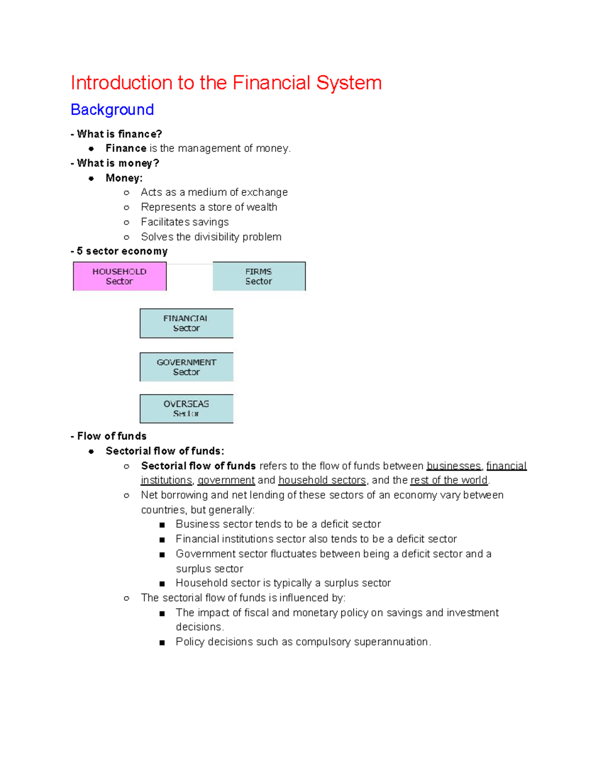 Fins1612 week 1-3 notes - Introduction to the Financial System ...
