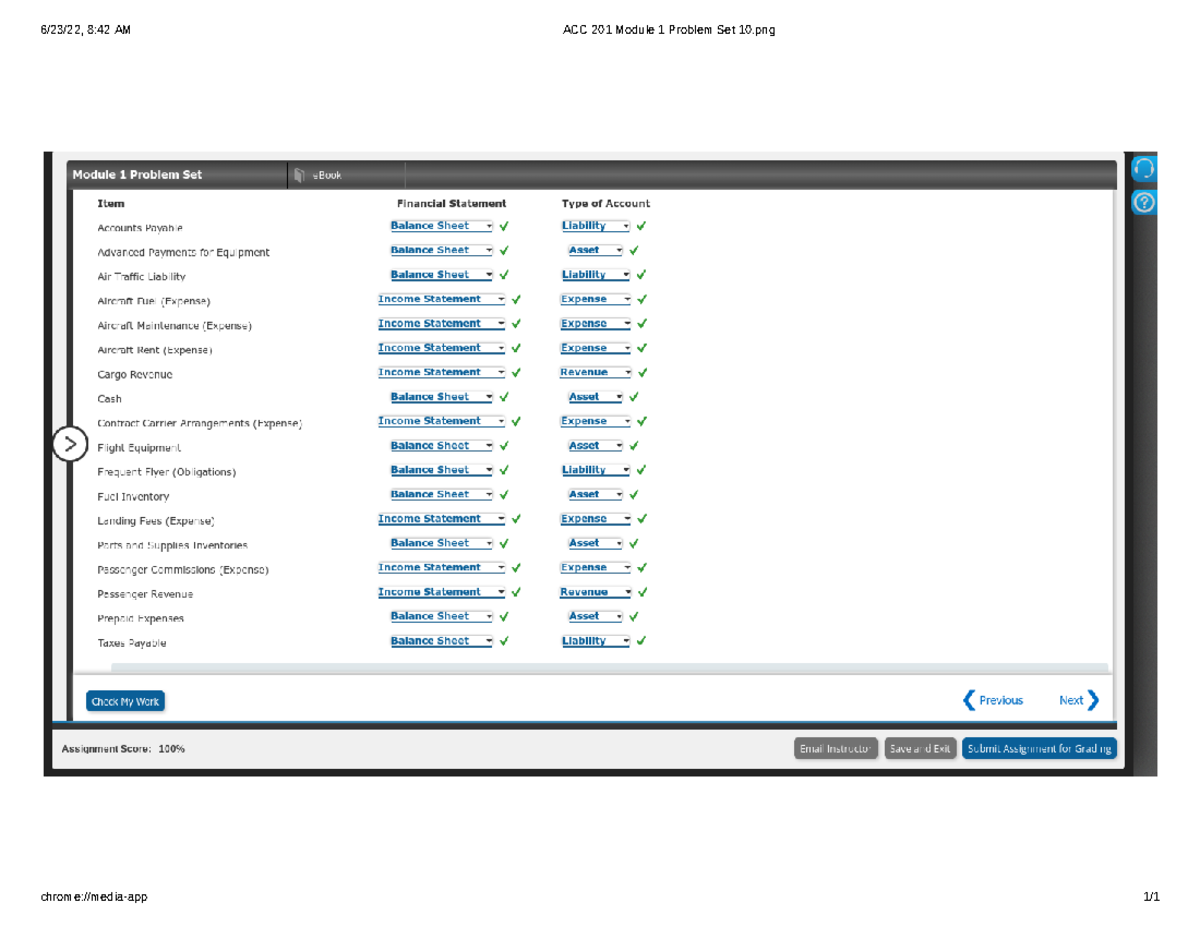 ACC 201 Module 1 Problem Set 10 ACC 201 6/23/22, 842 AM ACC 201 Module 1 Problem Set 10
