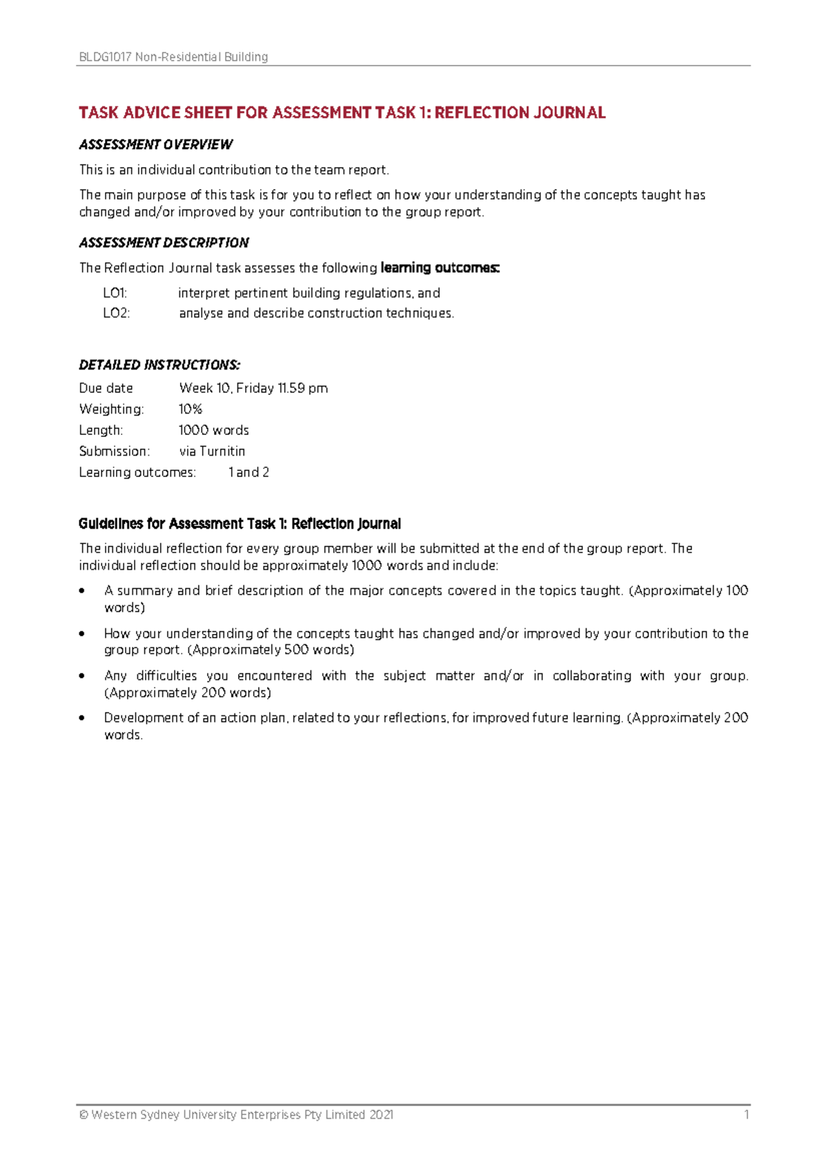 BLDG1017 Task Advice Sheet for Assessment Task 1 - BLDG1017 Non ...