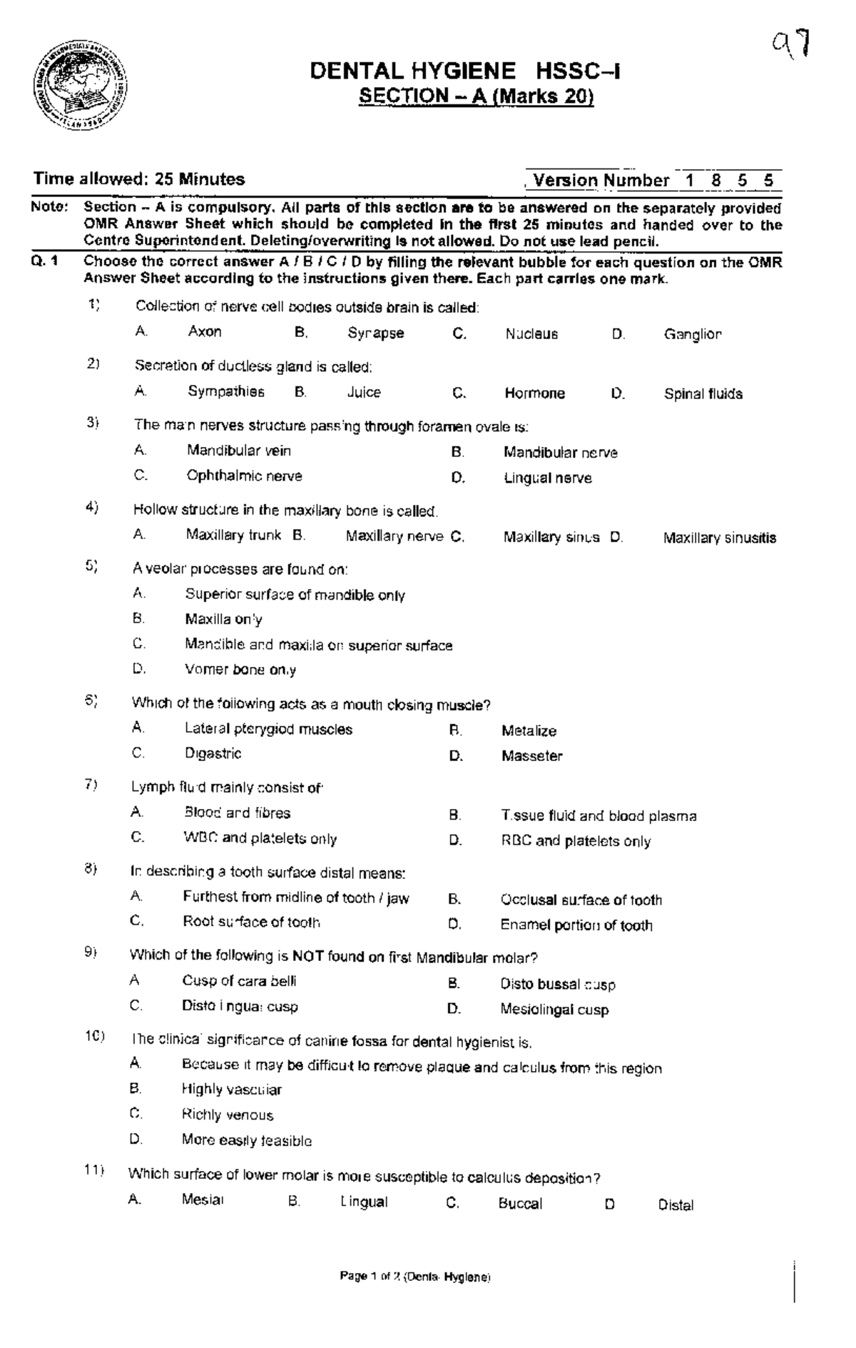 Dental Hygiene Exam Questions Punjab University Studocu