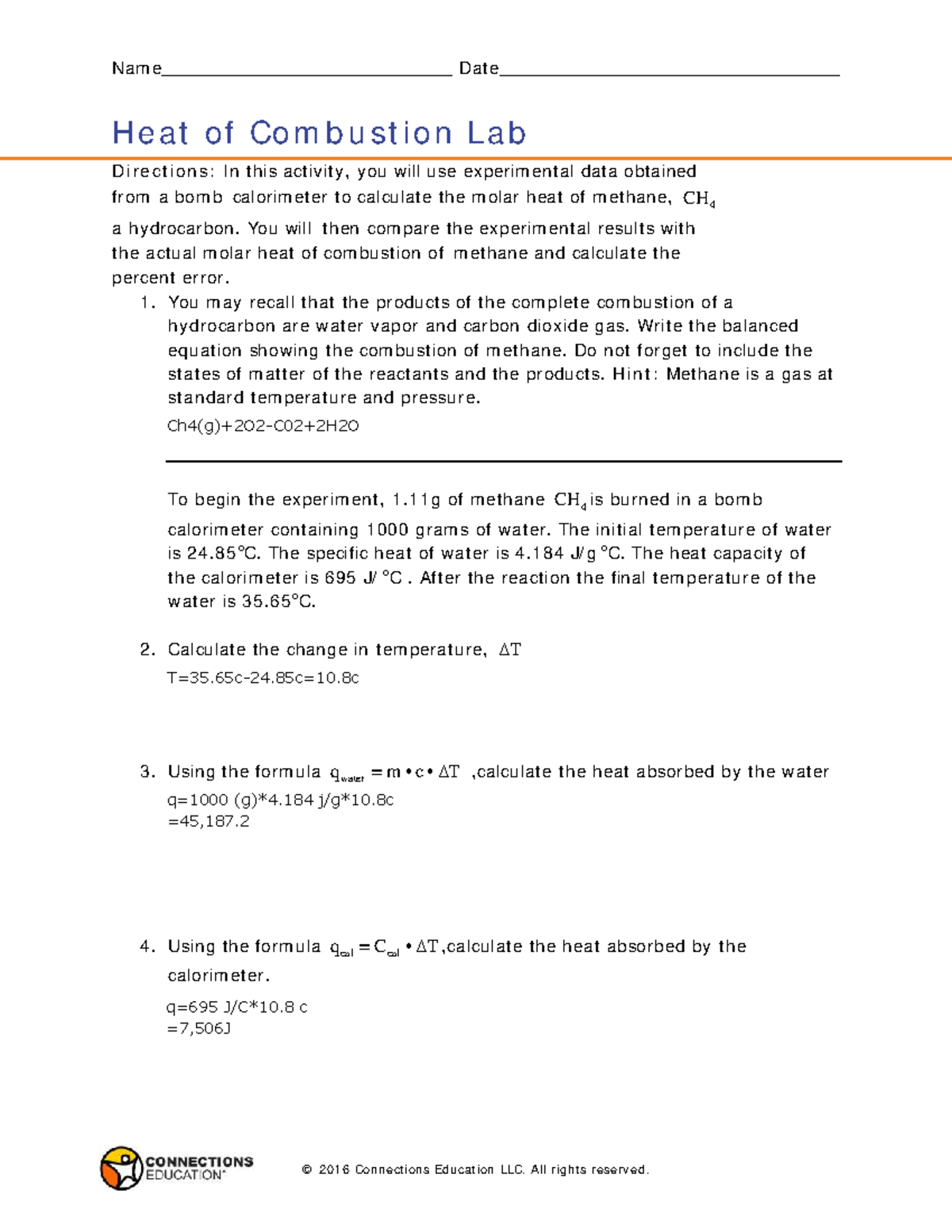 Heat - ff fffff f - Name Date Heat of Combustion Lab Directions: In ...