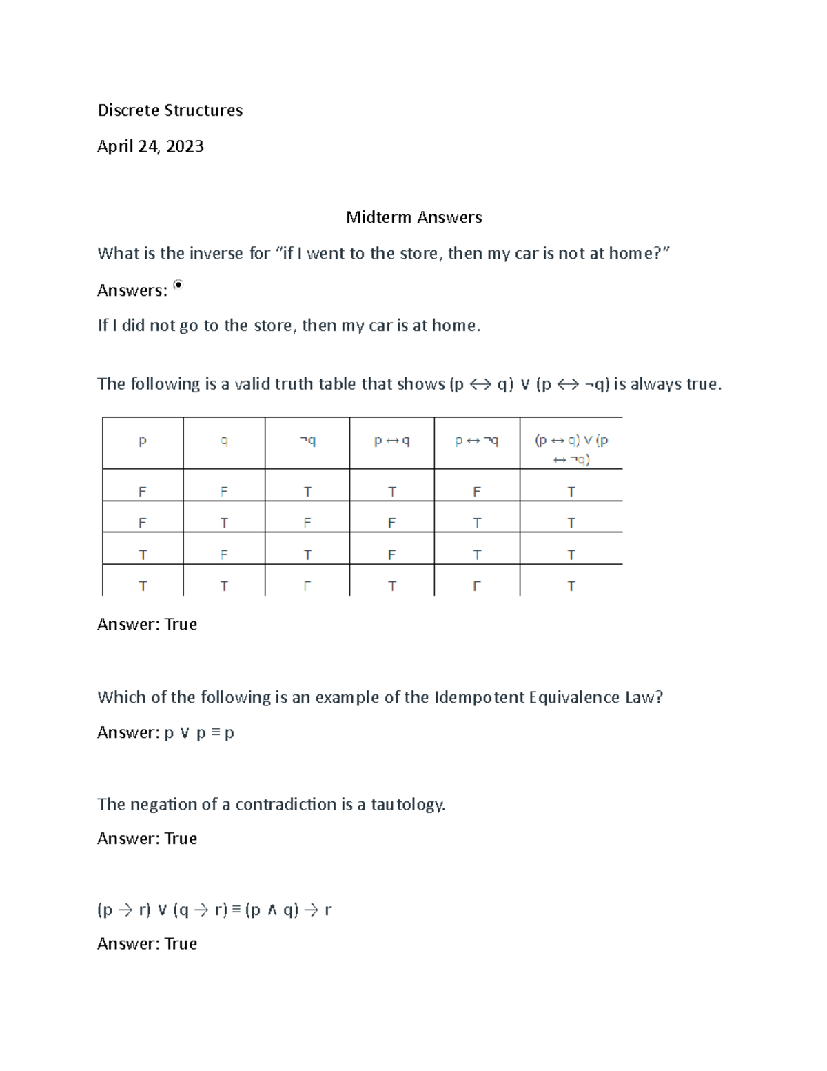 Midterm Answers - Discrete Structures April 24, 2023 Midterm Answers ...