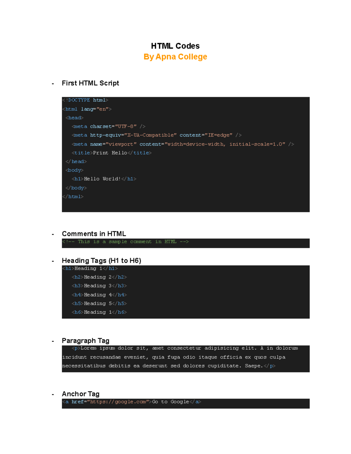 HTML Codes fdgfdg HTML Codes By Apna College First HTML Script
