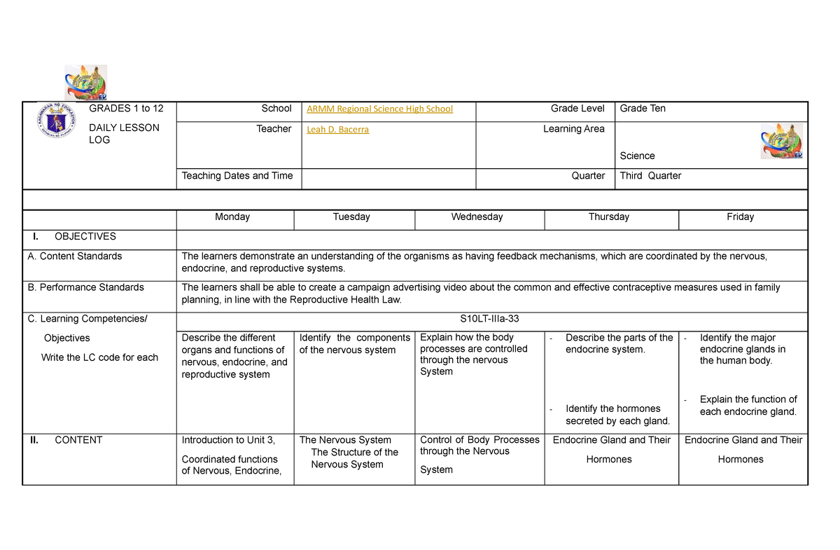 DLL MOD.1 PART 1 3RD QRTR G10 - GRADES 1 To 12 DAILY LESSON LOG School ...