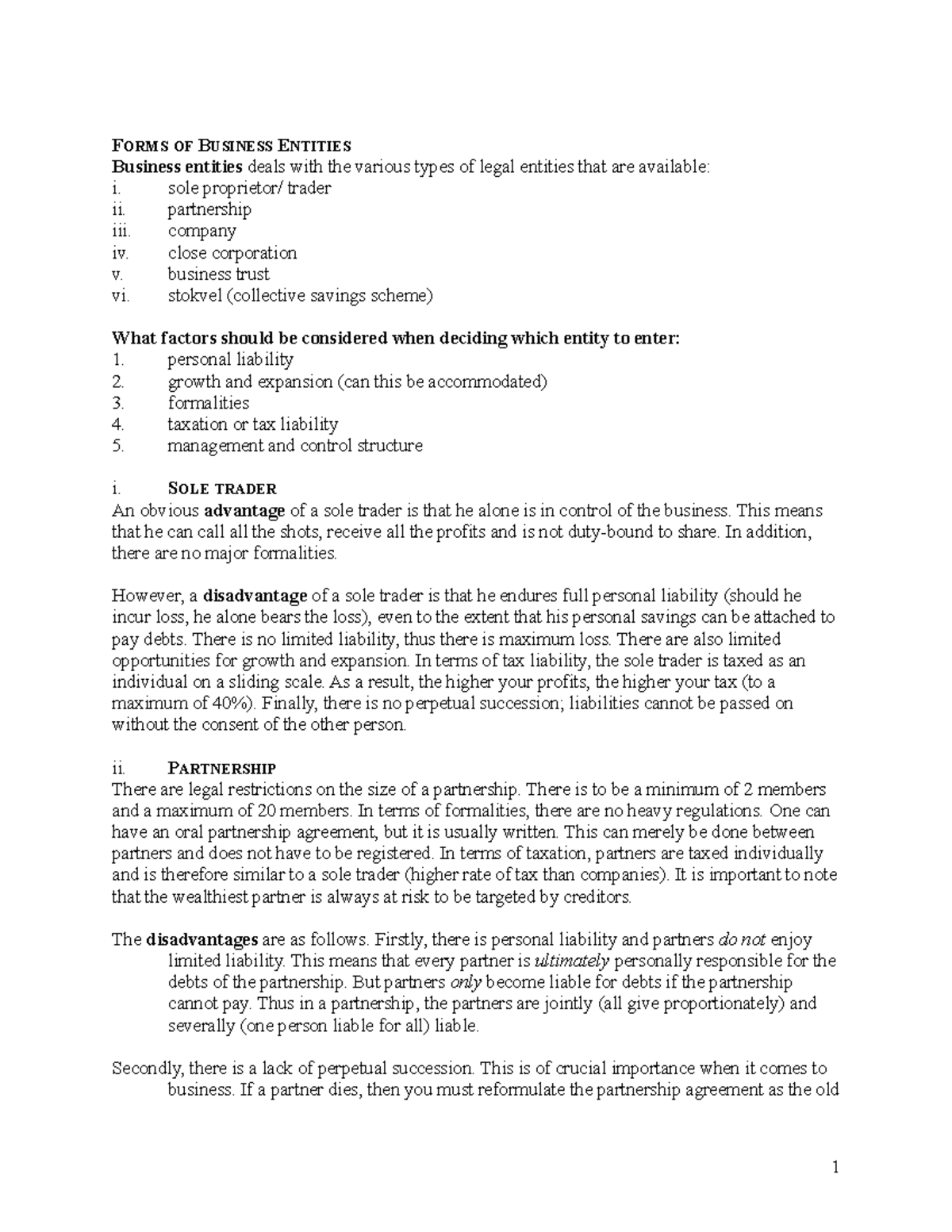 Business Entitiesnotes - FORMS OF BUSINESS ENTITIES Business entities ...