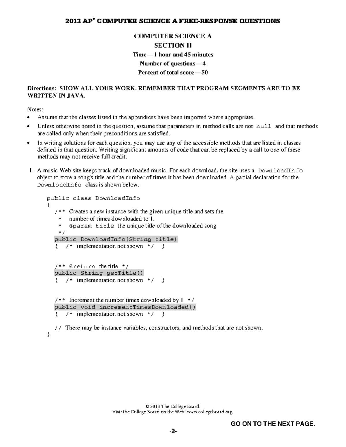 Song List - FRQ for computer science - 2013 AP COMPUTER SCIENCE A FREE ...