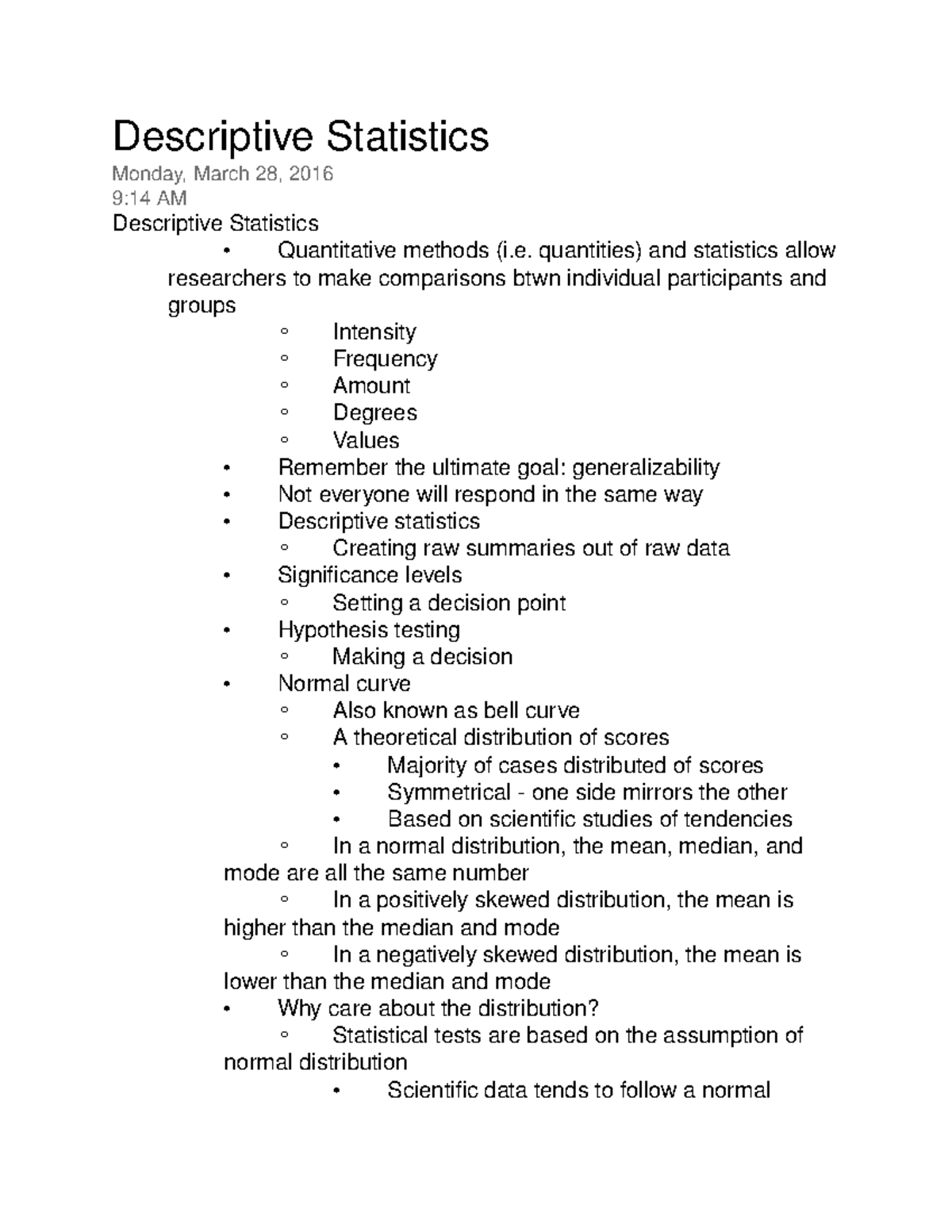 Descriptive Statistics - Des cr i pt i v eSt at i s t i cs Monday ,Mar ...
