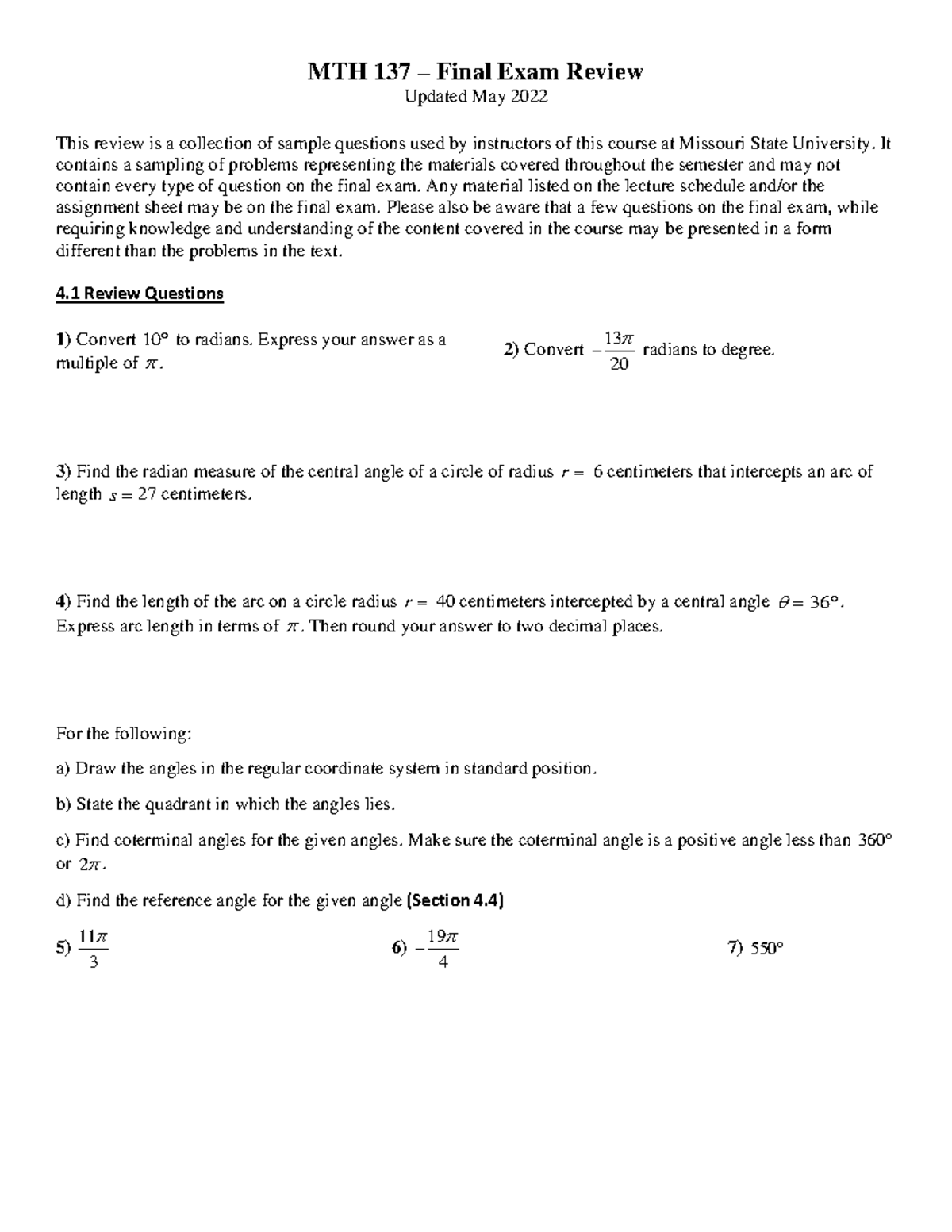 Mth 137 Final Exam Review - Mth 137 – Final Exam Review ####### Updated 