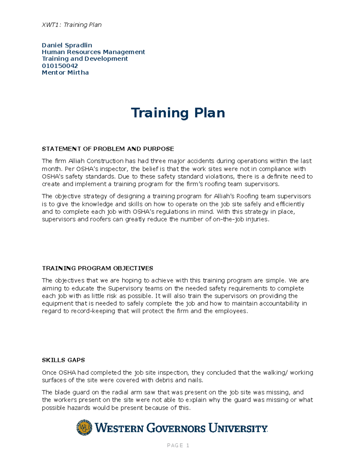 Training and Development Attempt 1 Task 1 - XWT1: Training Plan Daniel ...