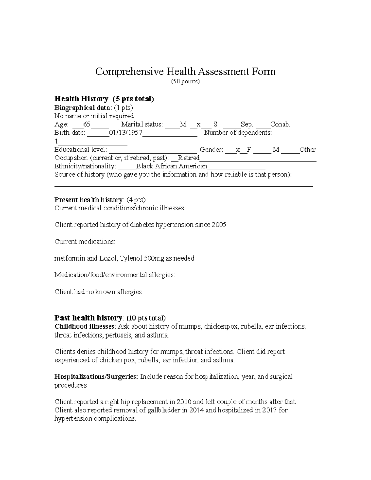 Comprehensive Health History 072322 Comprehensive Health Assessment