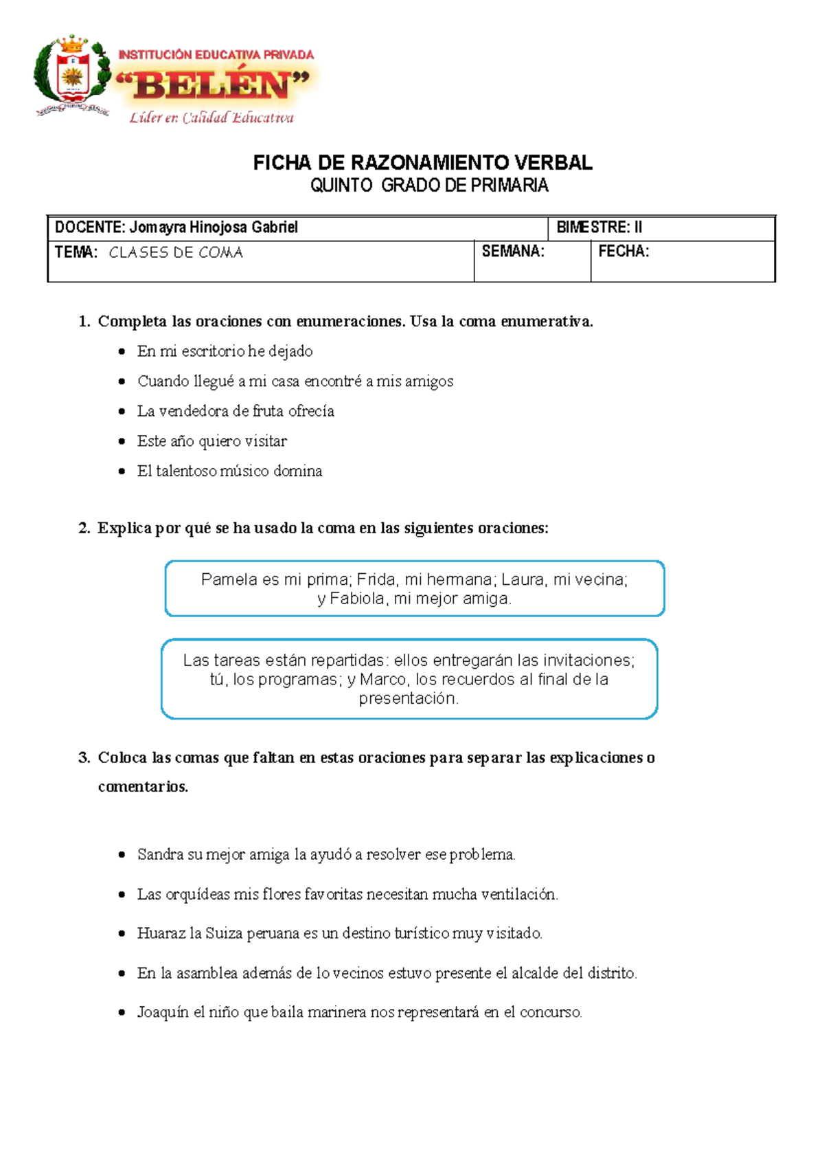 Practica LA COMA FICHA DE RAZONAMIENTO VERBAL QUINTO GRADO DE