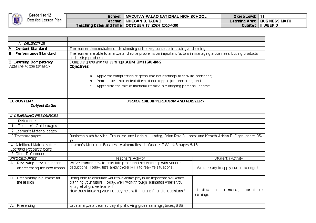 Busmath q2d12 week 3 - Detailed lesson Plan in ABM BUSINESS Math ...