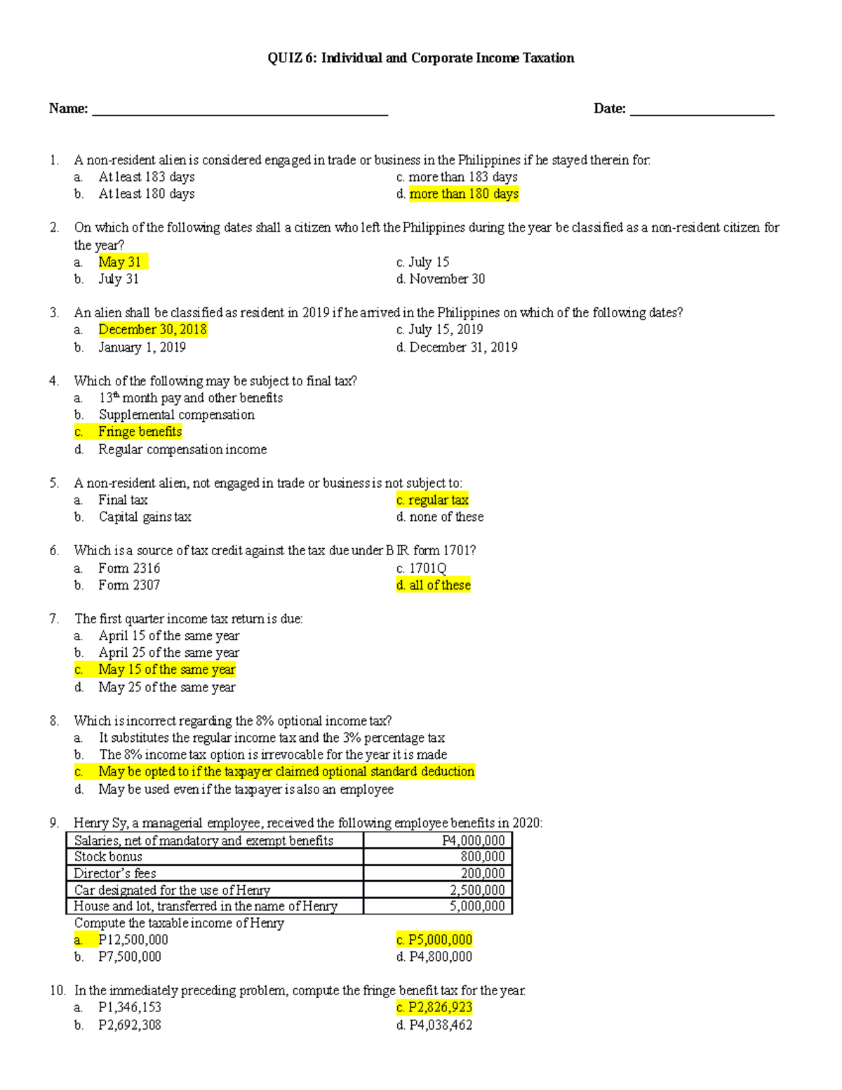 QUIZ 6 Corporate And Individual Income Taxation - QUIZ 6: Individual ...