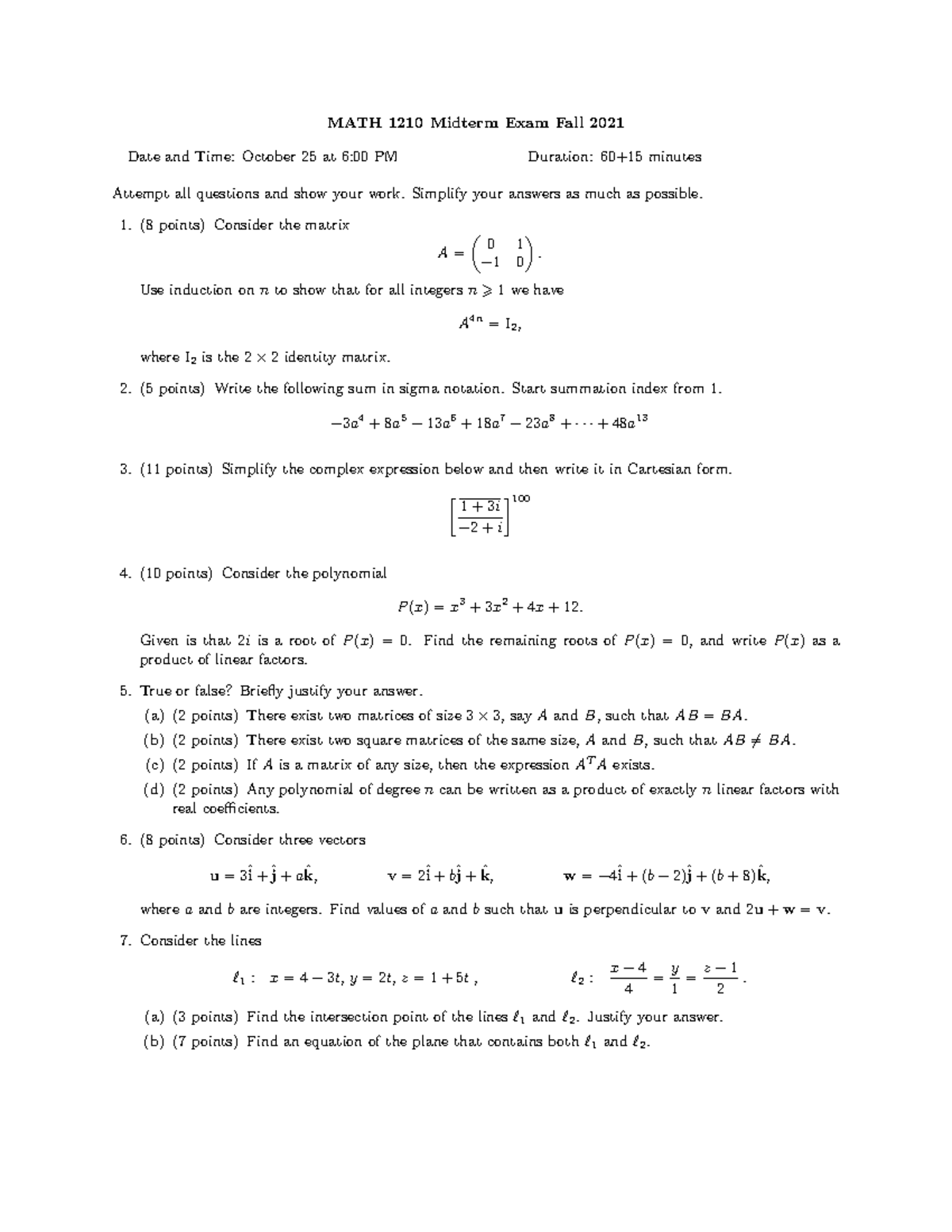 F21test - Techniques Of Classical And Linear Algebra course material ...