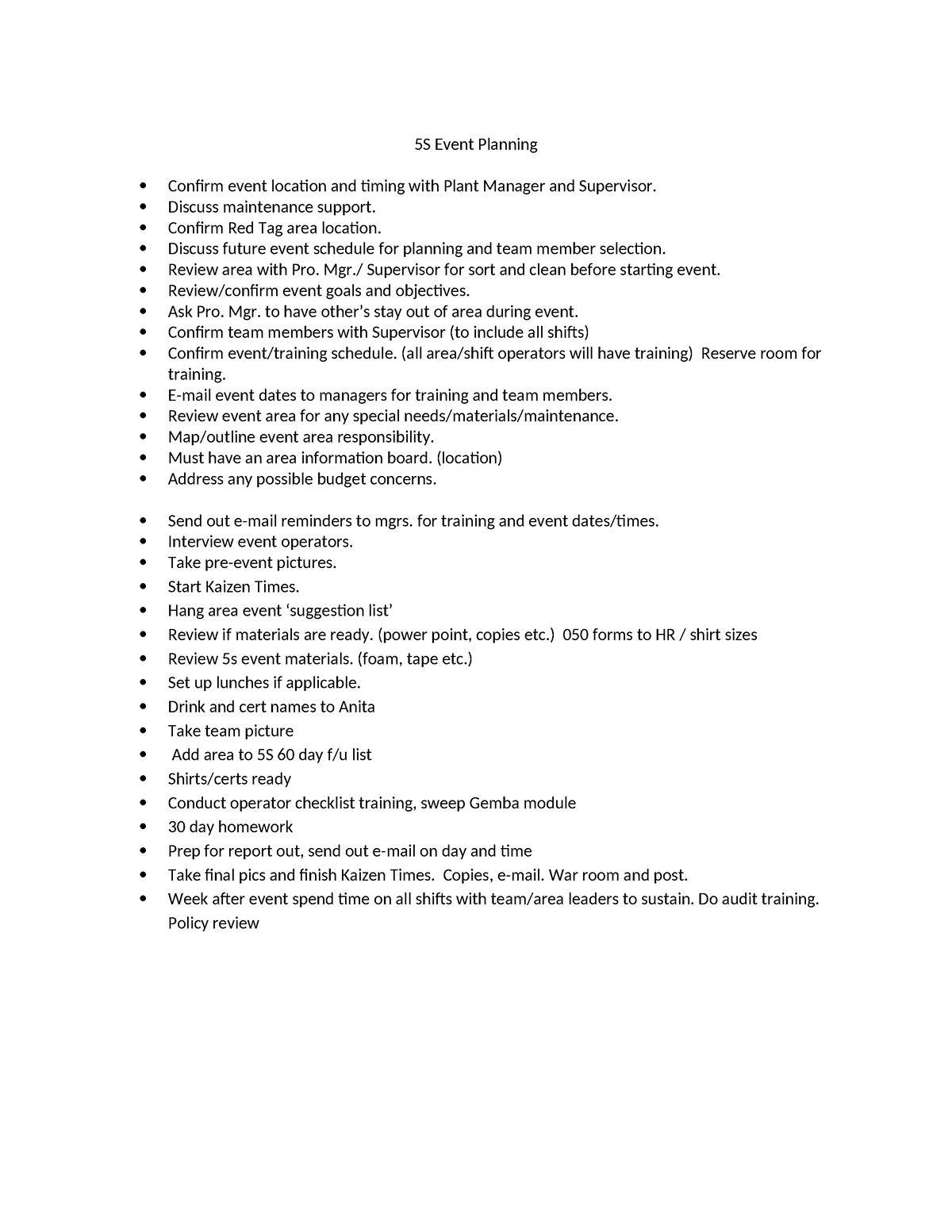 5S Event Planning list - 5S and Workplace Organization - 5S Event ...
