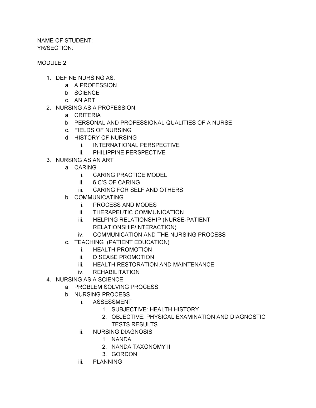 Concept OF Nursing - NAME OF STUDENT: YR/SECTION: MODULE 2 1. DEFINE ...