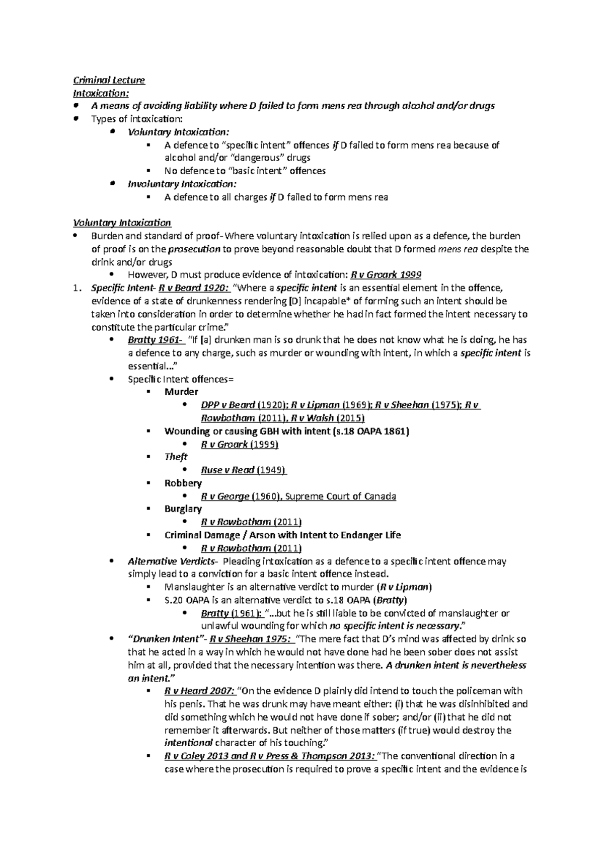 Intoxication - Lecture notes 1st year law - Criminal Lecture ...