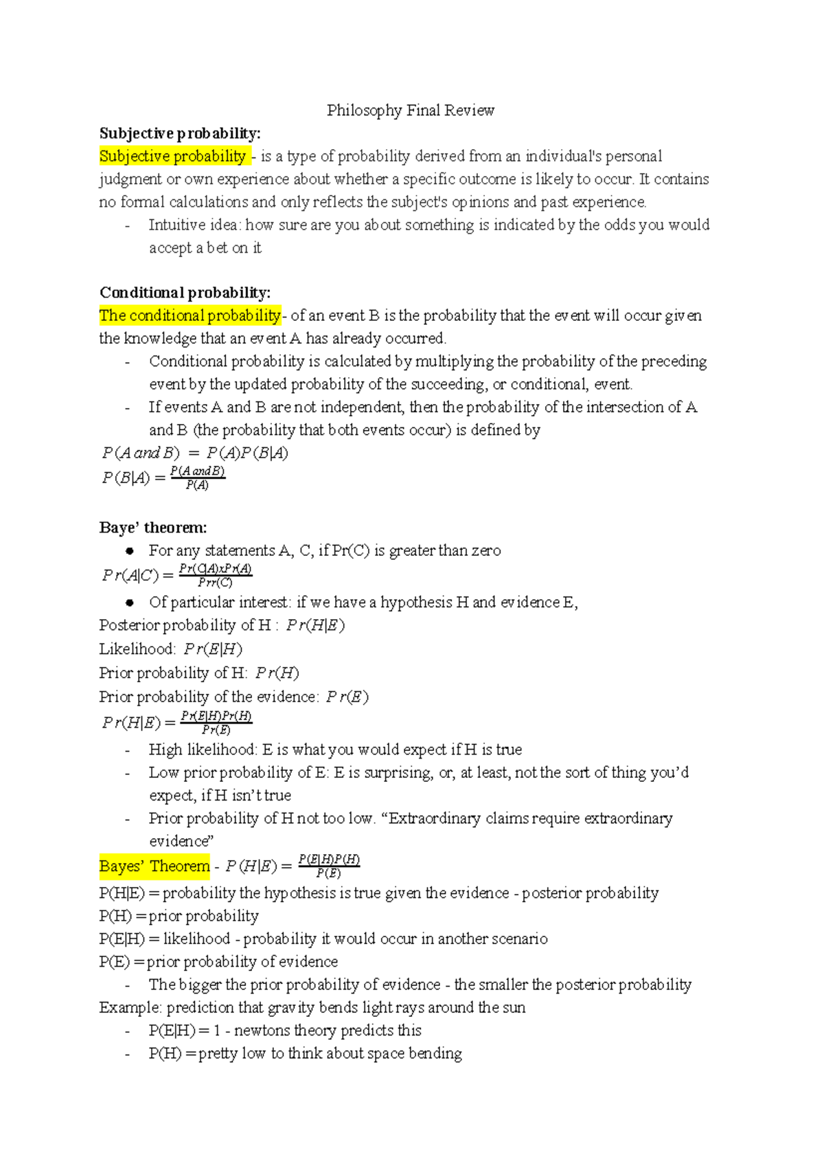 Philosophy Review - Philosophy Final Review Subjective probability ...