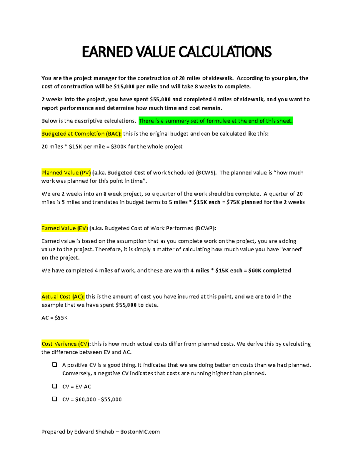 Earned Value Cheat Sheet - EARNED VALUE CALCULATIONS You are the ...