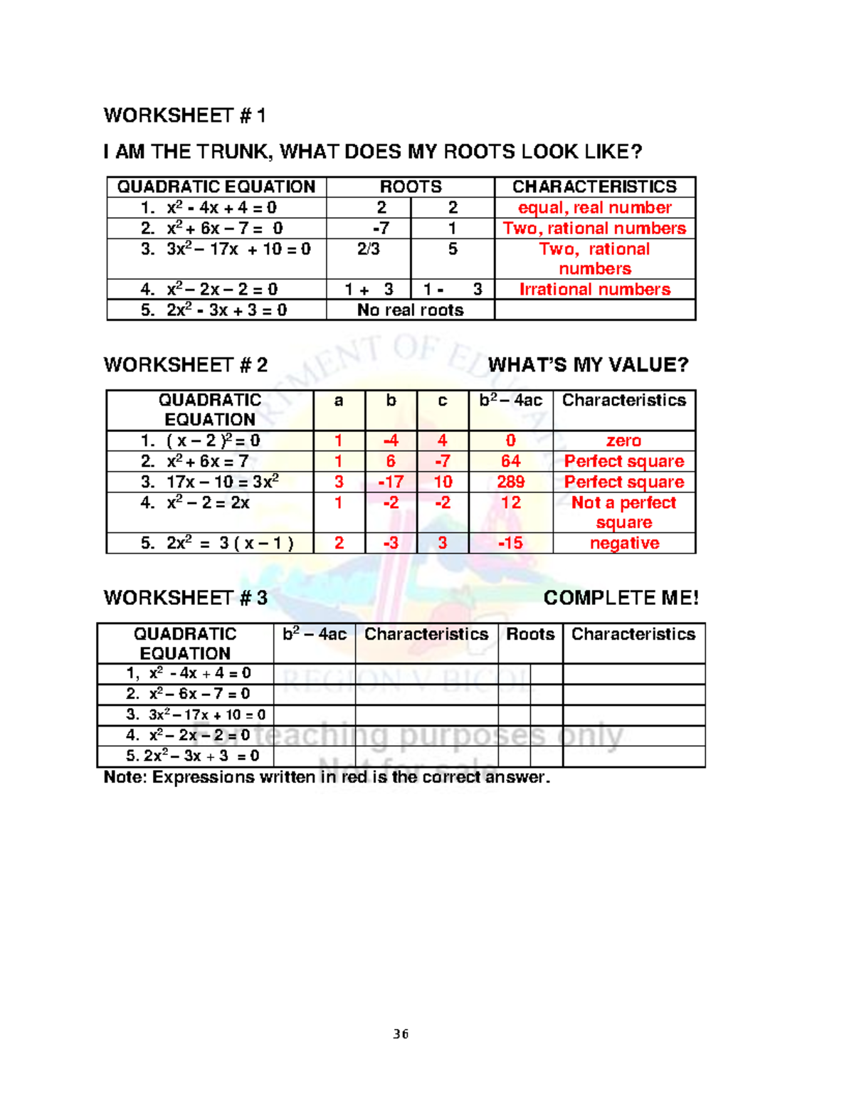 3-11 removed - sample math questions - 36 WORKSHEET # 1 I AM THE TRUNK ...