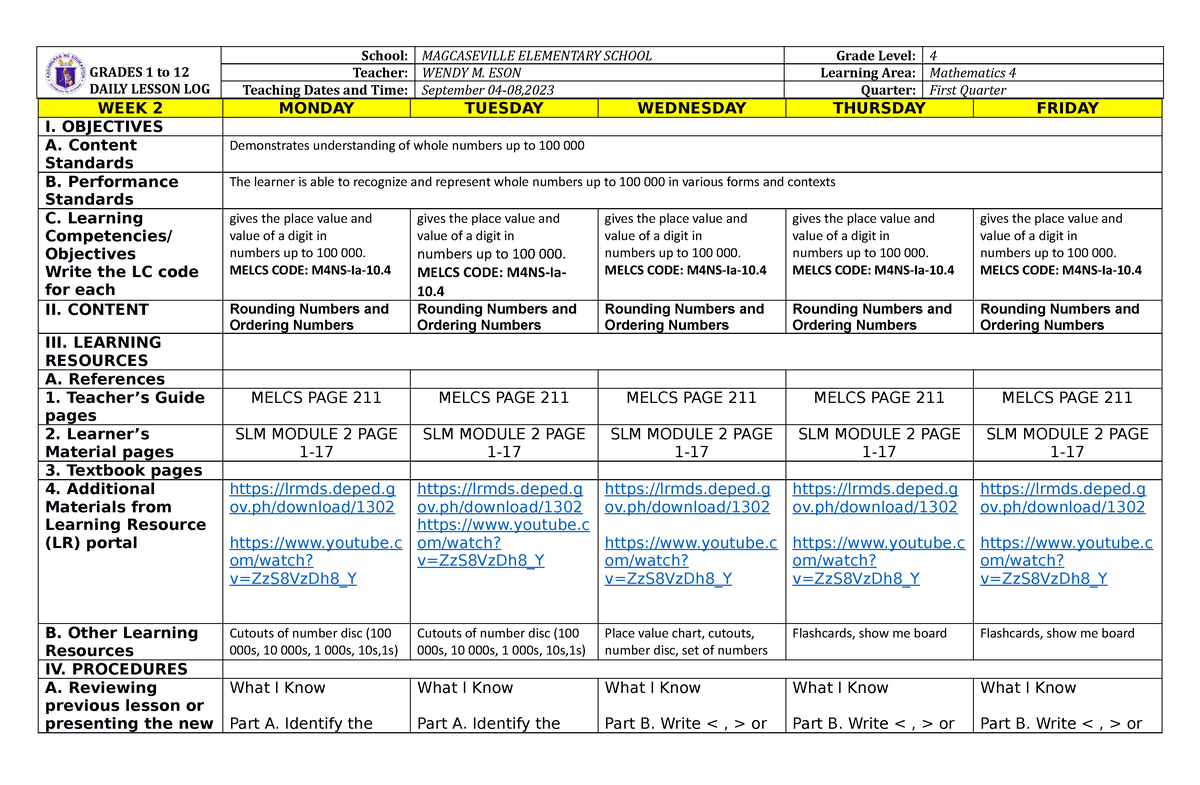 Grade 4 DLL Mathematics Melcbased Module 1 Quarter 1 Week 2 Emily O ...