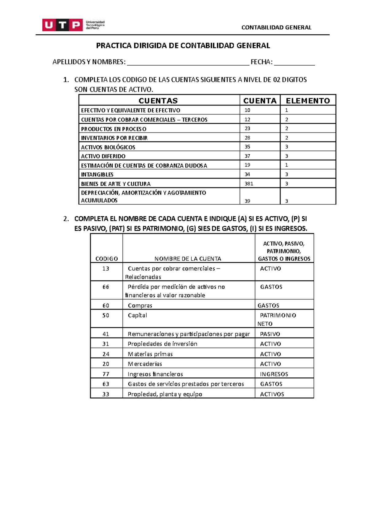 Practica Dirigida DE USO DE PLAN Contable - PRACTICA DIRIGIDA DE ...