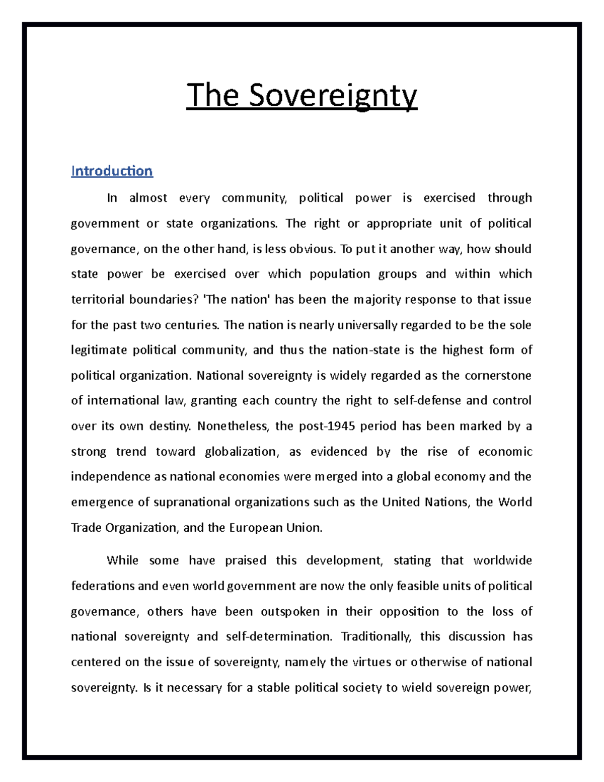 Note On The Sovereignty - B.A. Hons Social Sciences - BHU - Studocu