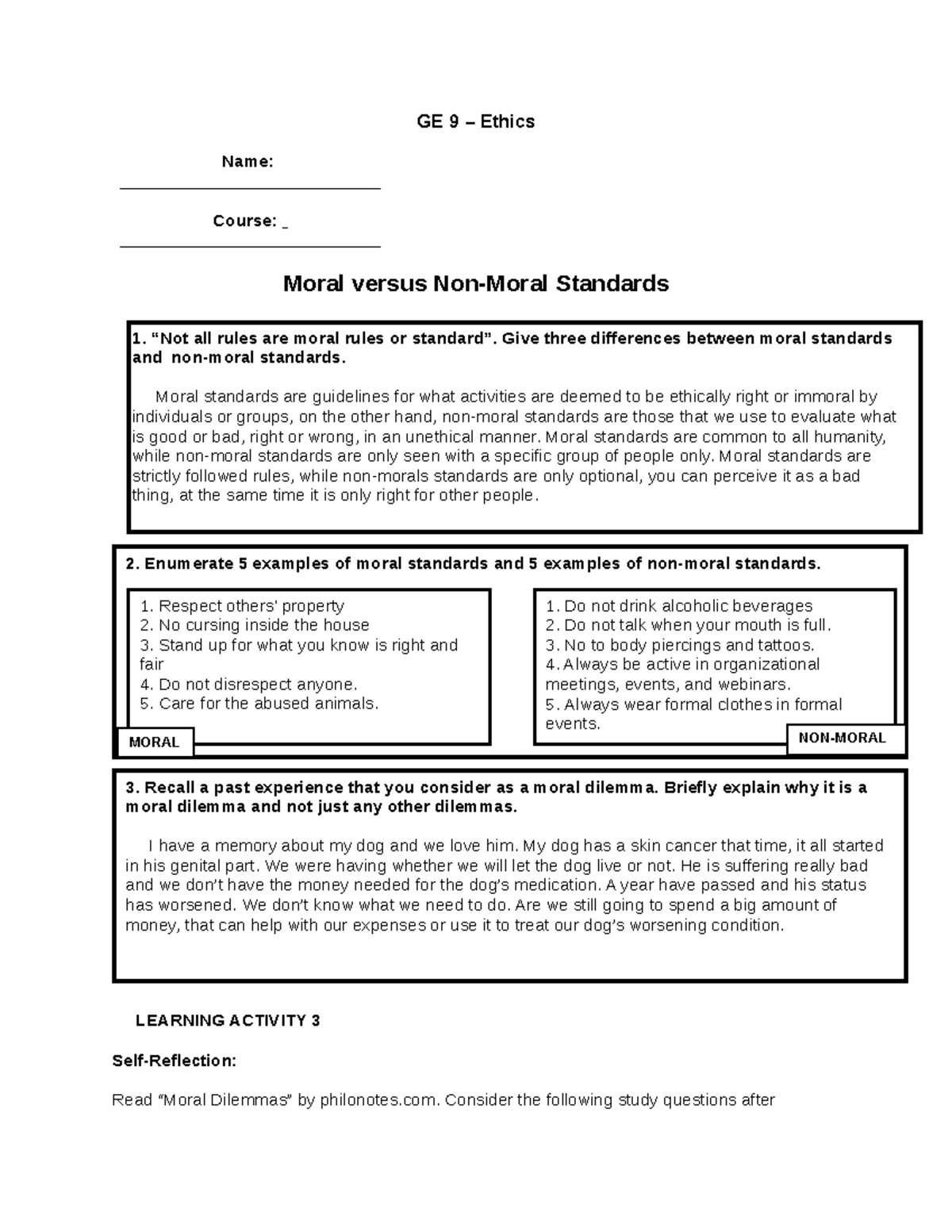 GE 9 Module Activities - Hehe - GE 9 – Ethics Name: Course: Moral ...