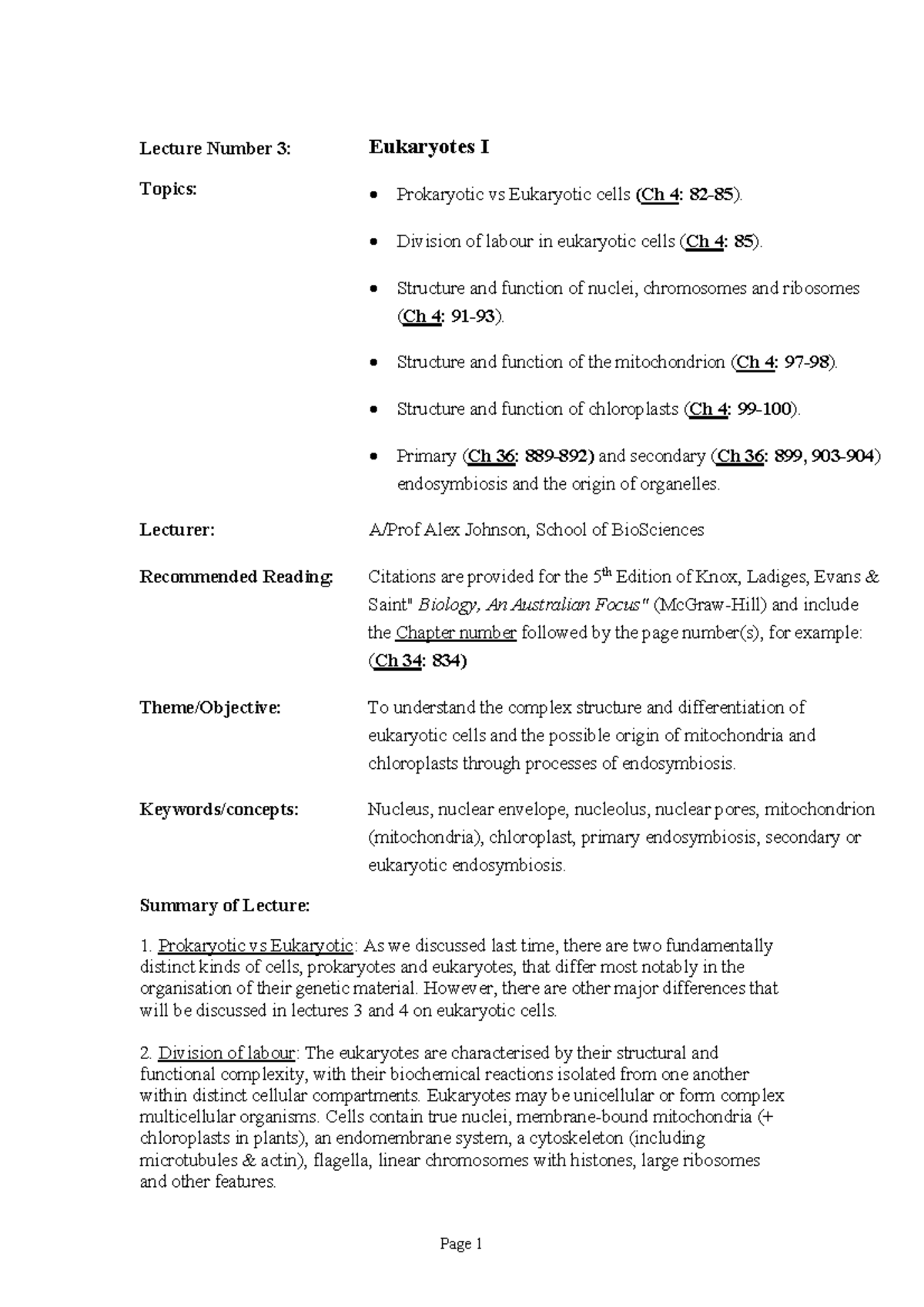 View Lecture 3 summary - Lecture Number 3: Eukaryotes I Topics ...
