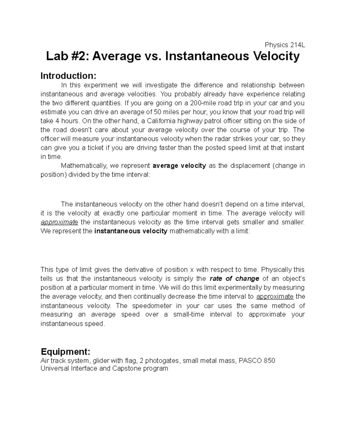 PHY214 Lab2 Average vs Instantaneous Velocity Physics 214L Lab 2