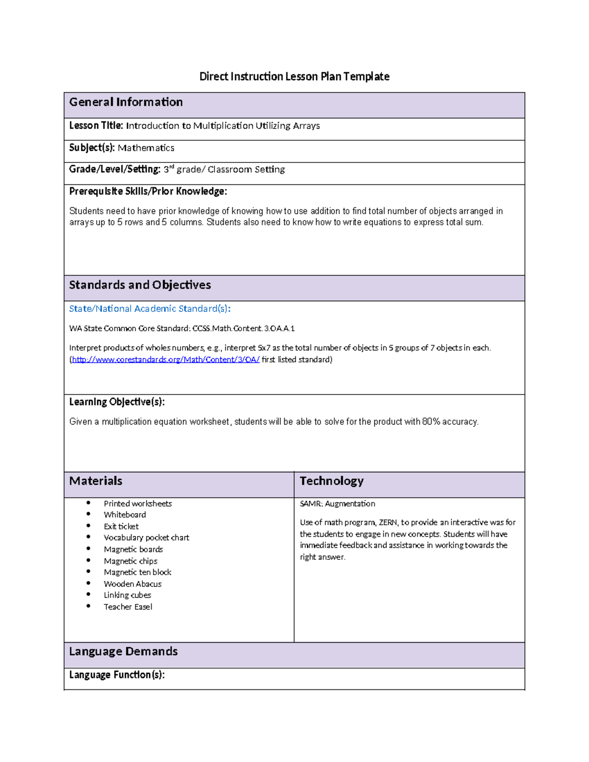 Curriculum Instruction Task 2- 3rd grade math class - Direct ...