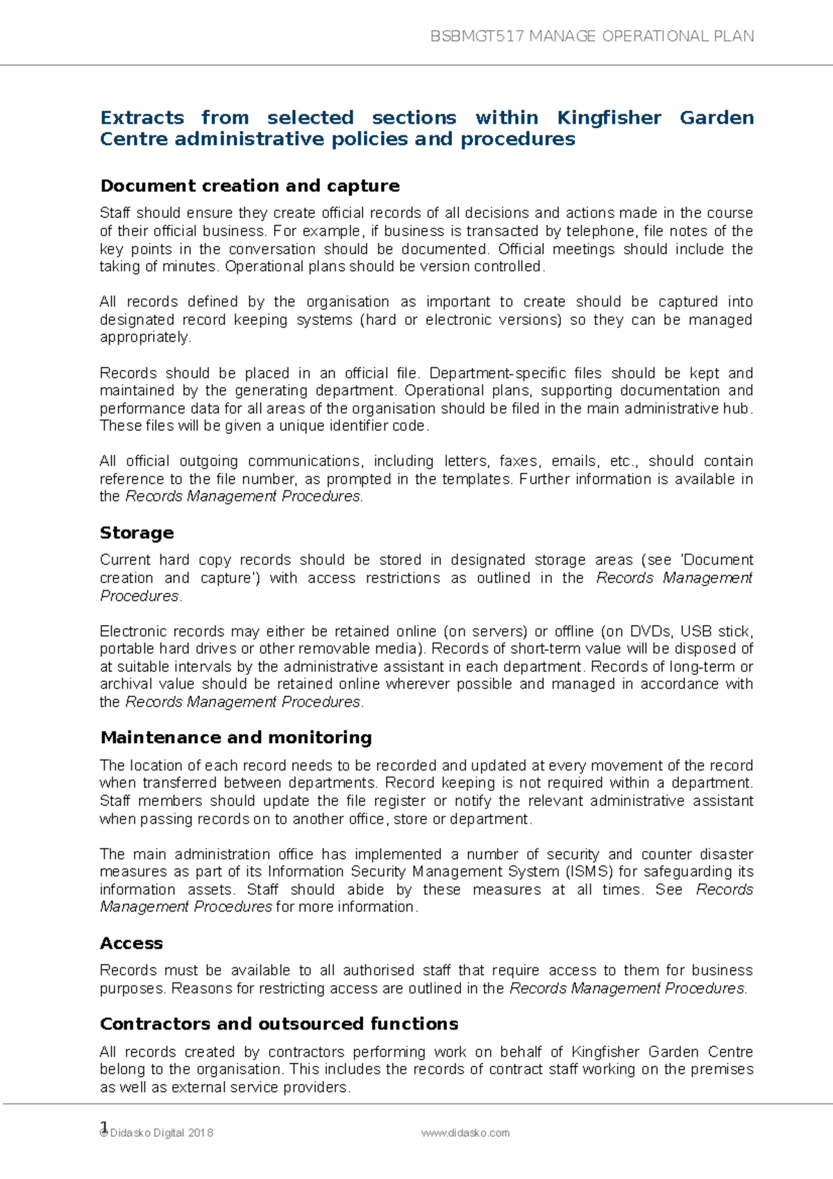 Assessment E Administrative procedures Document maintenance - BSBMGT517 ...