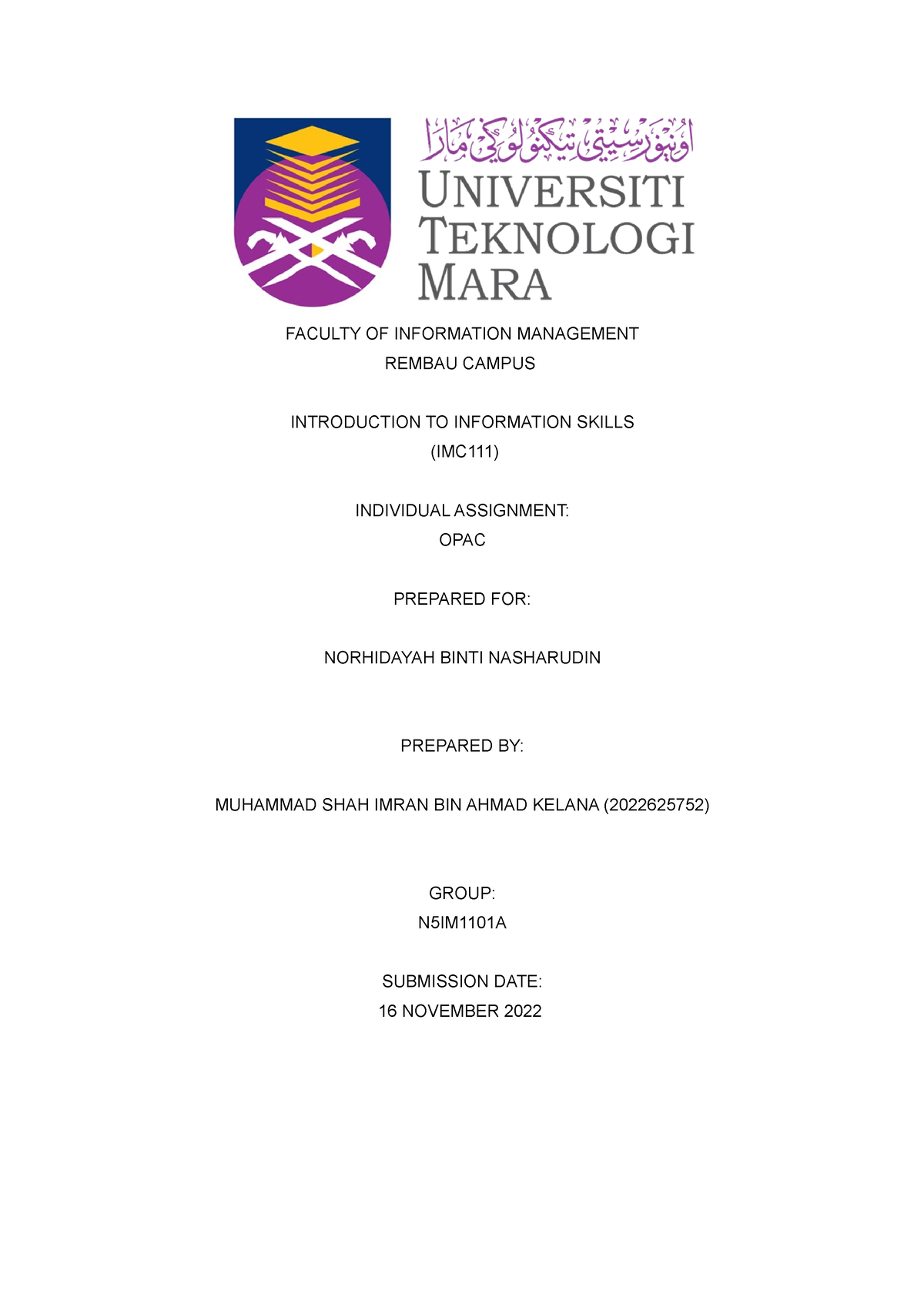 Individual Assignment OPAC - FACULTY OF INFORMATION MANAGEMENT REMBAU ...