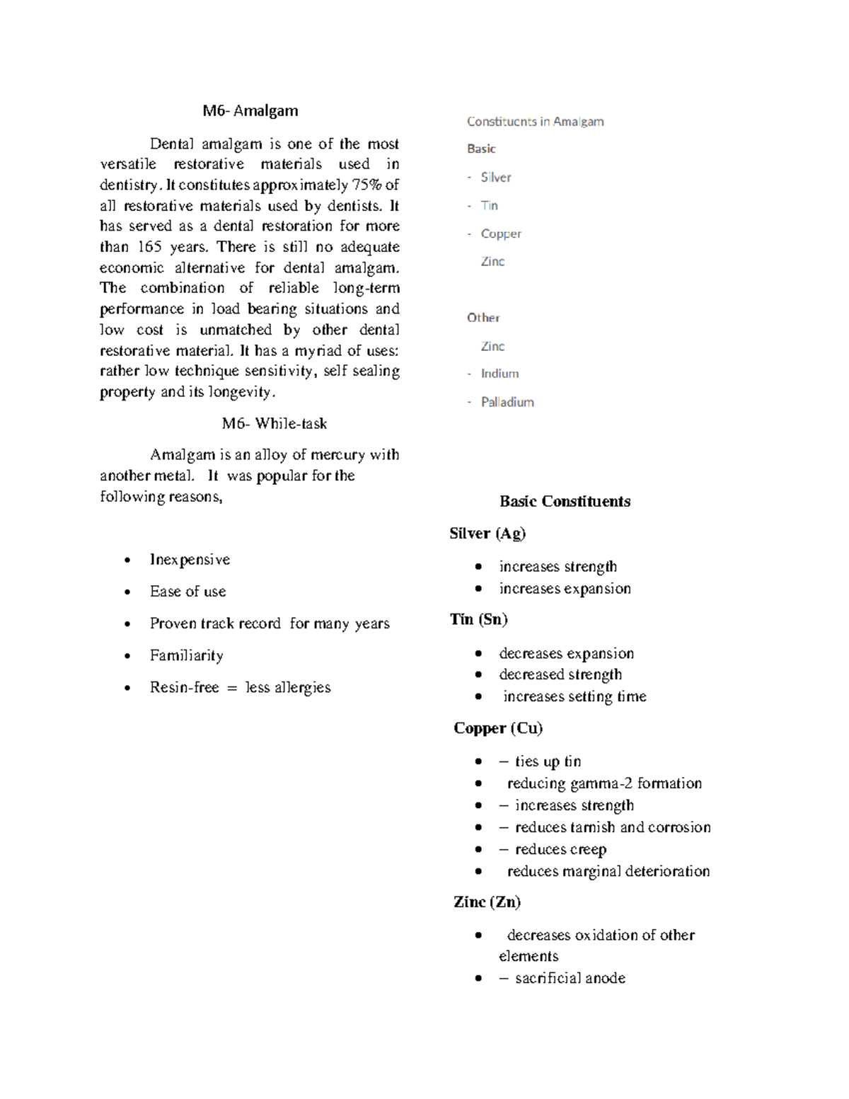 AmalgamAND Resin notes M6 Amalgam Dental amalgam is one of the