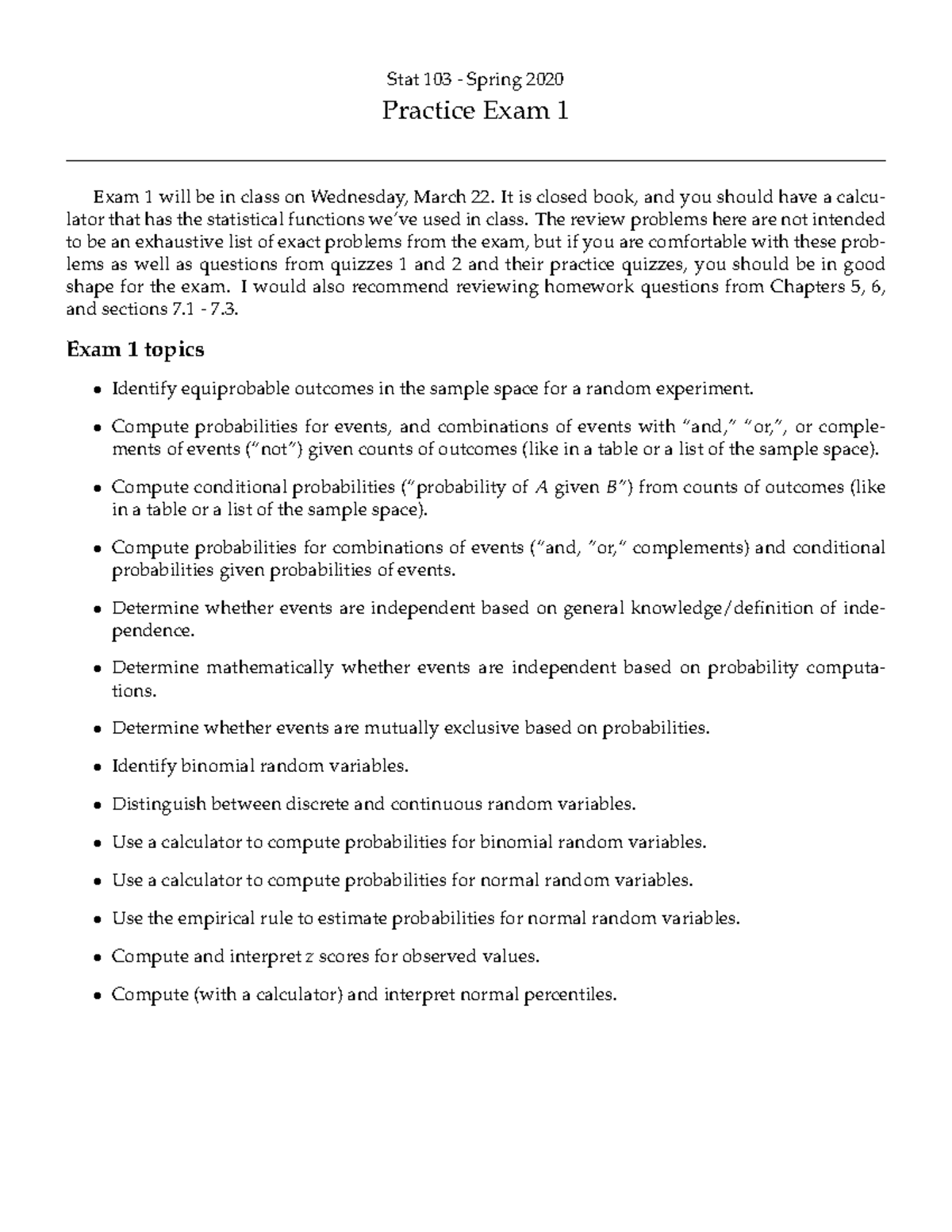Practice Exam 2 Questions - Stat 103 - Spring 2020 Practice Exam 1 Exam ...