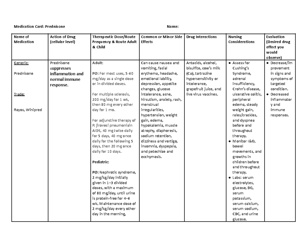 Prednisone Medication Card - Medication Card: Prednisone Name: Name of ...