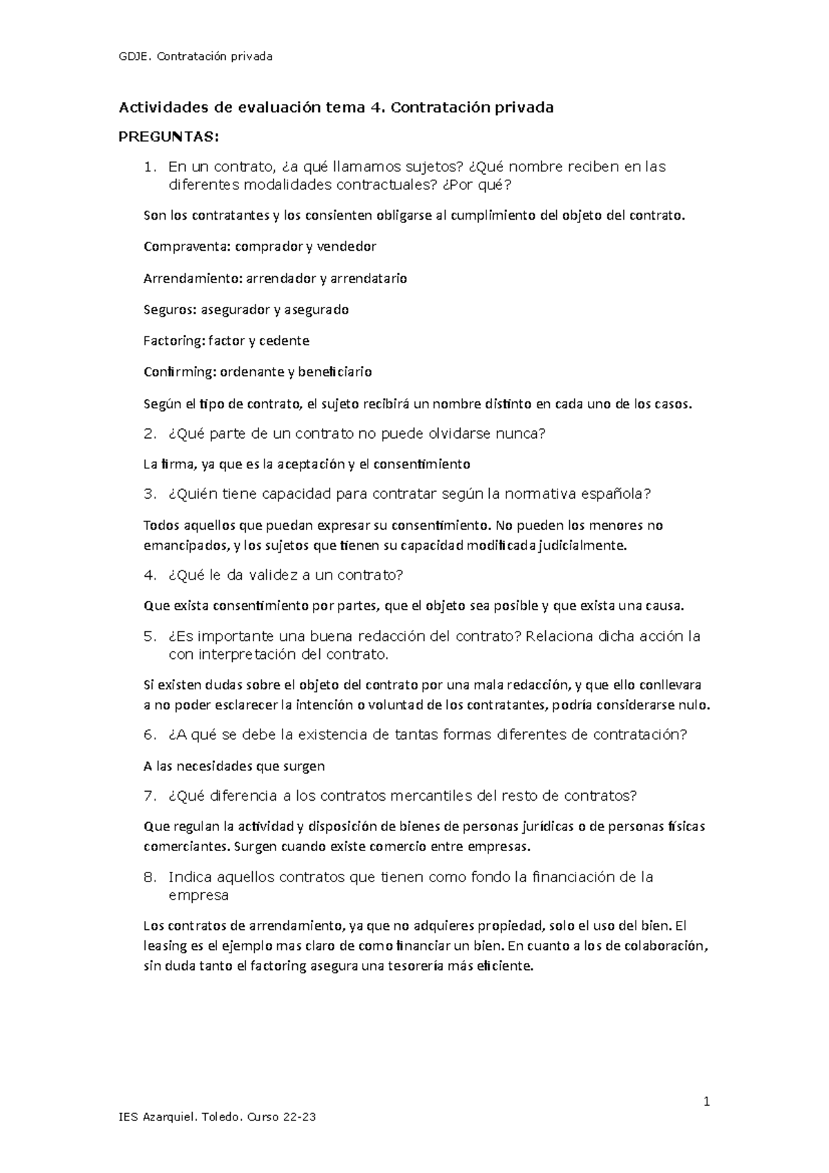 Actividades DE Evaluación TEMA 4 - GDJE. Contratación Privada ...